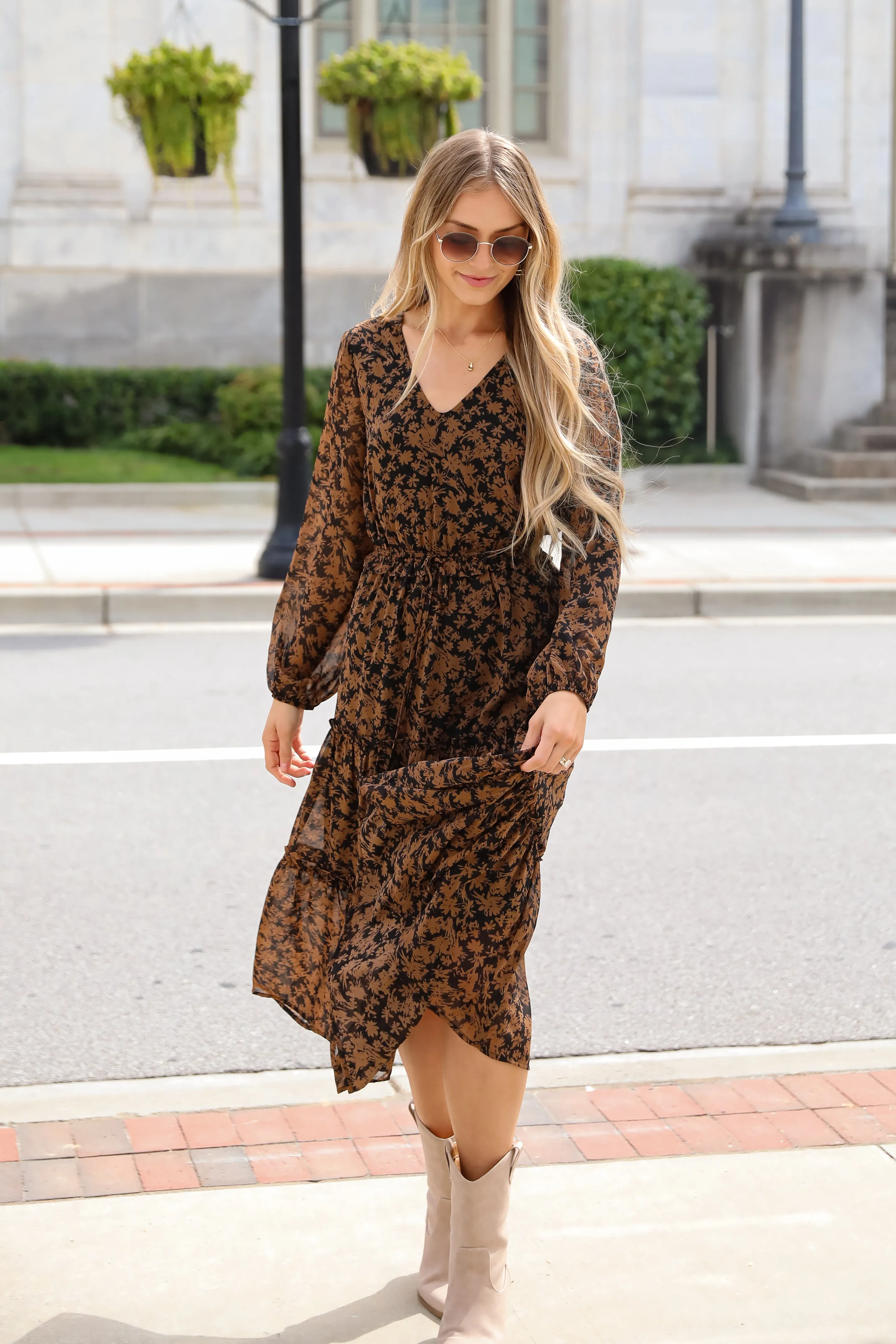 Graceful Glamour Black Floral Midi Dress