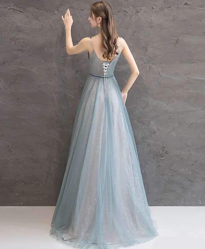 Gray Blue V Neck Tulle Long Prom Dress Gray Blue Evening Dress