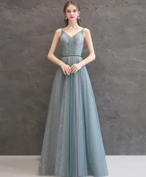 Gray Blue V Neck Tulle Long Prom Dress Gray Blue Evening Dress