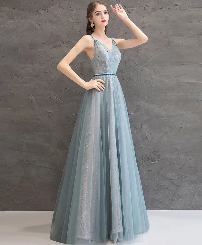 Gray Blue V Neck Tulle Long Prom Dress Gray Blue Evening Dress