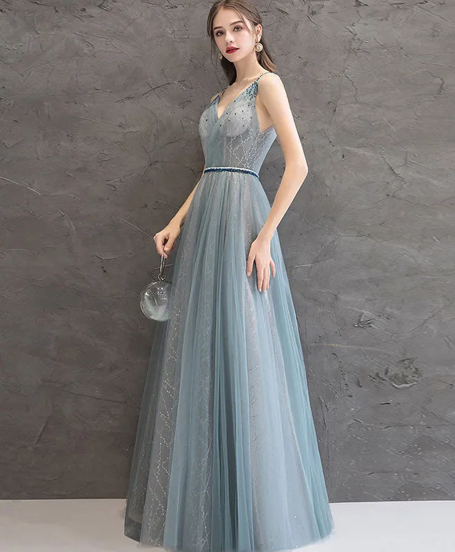 Gray Blue V Neck Tulle Long Prom Dress Gray Blue Evening Dress