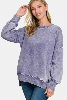 High-Low Acid Wash Fleece Sweatshirt