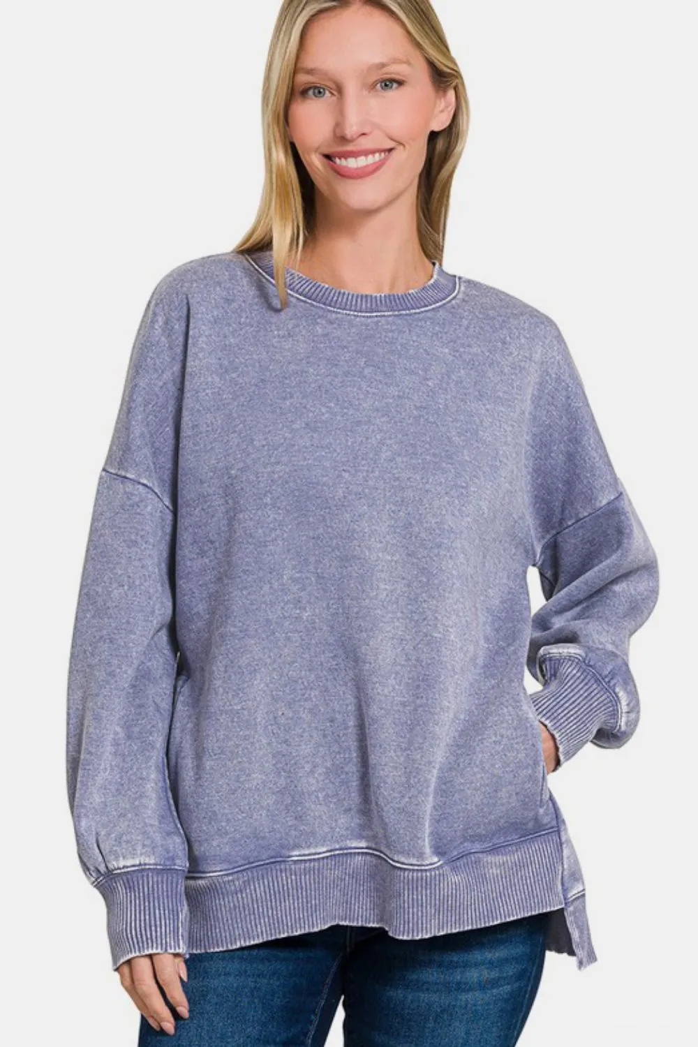 High-Low Acid Wash Fleece Sweatshirt