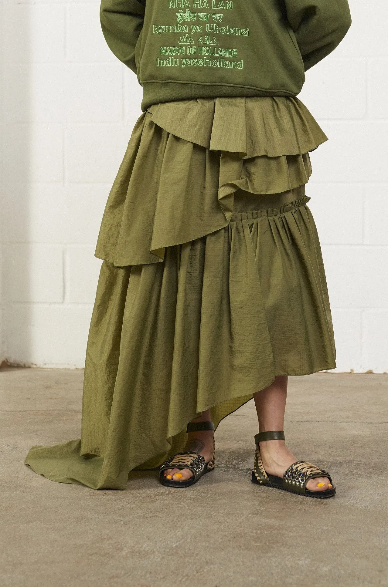 House Of Holland Khaki Frill Midi Skirt