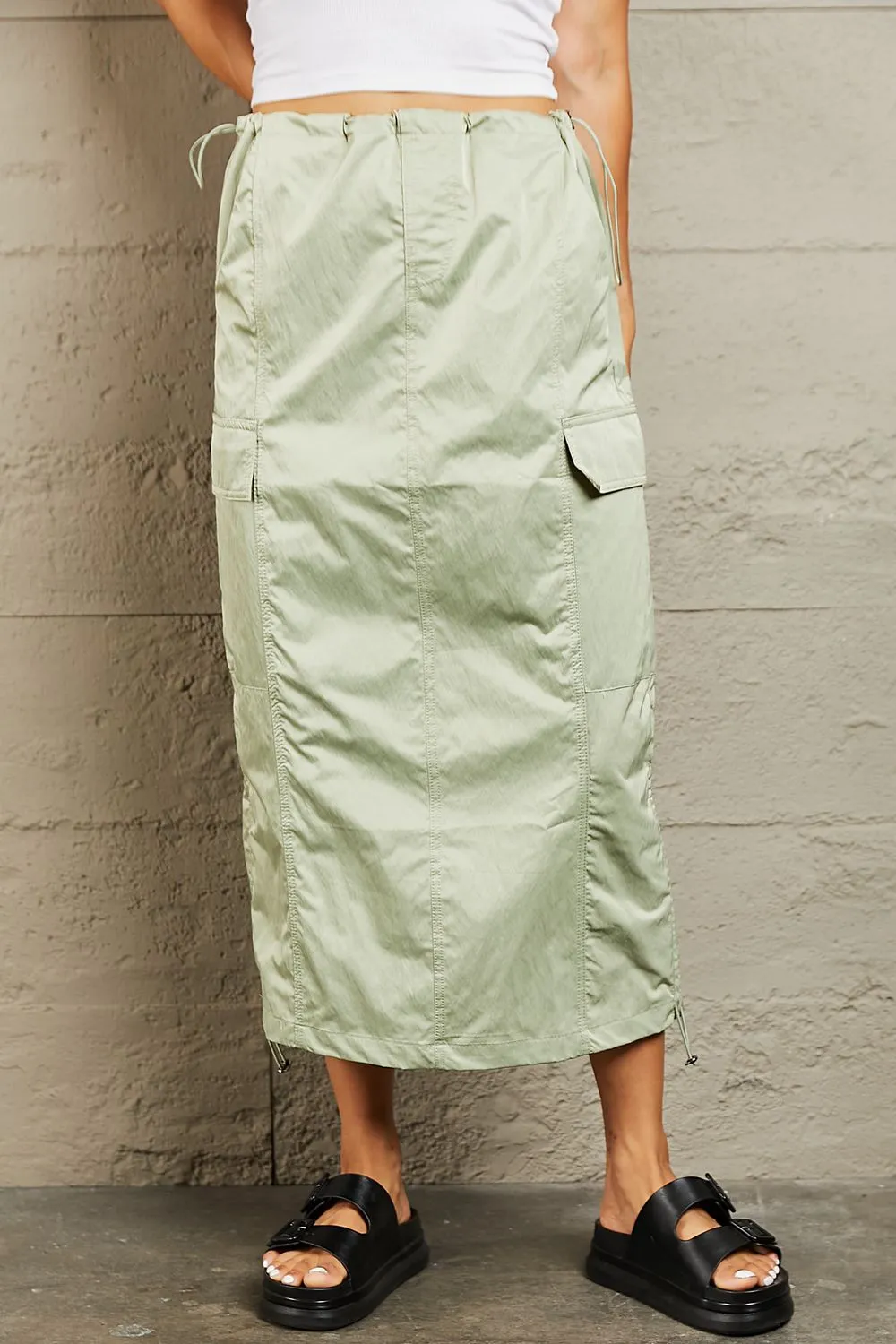 HYFVE Just In Time High Waisted Cargo Midi Skirt Light Green