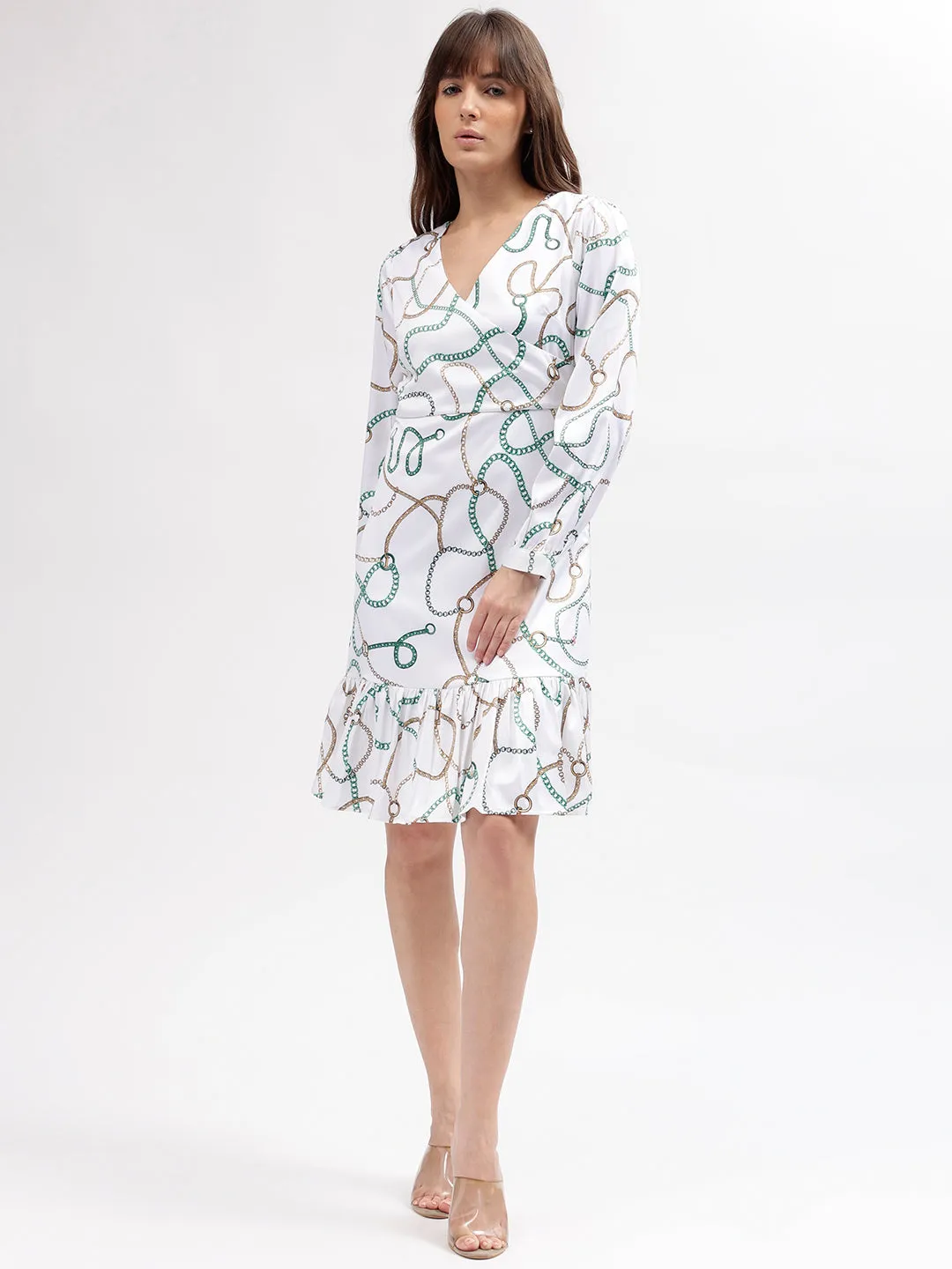 Iconic Women Multi Printed Wrap Neck Full Sleeves Dress