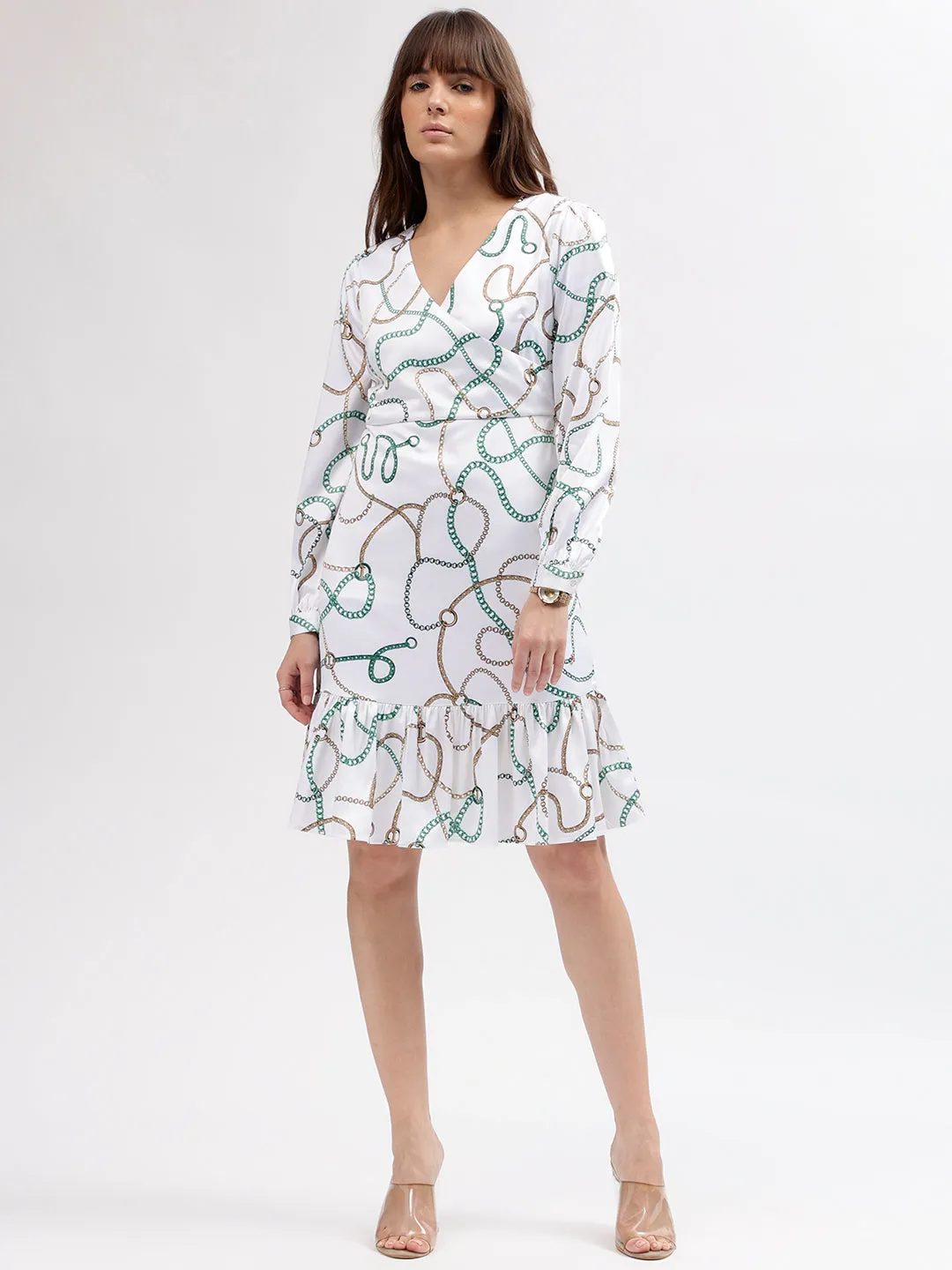 Iconic Women Multi Printed Wrap Neck Full Sleeves Dress