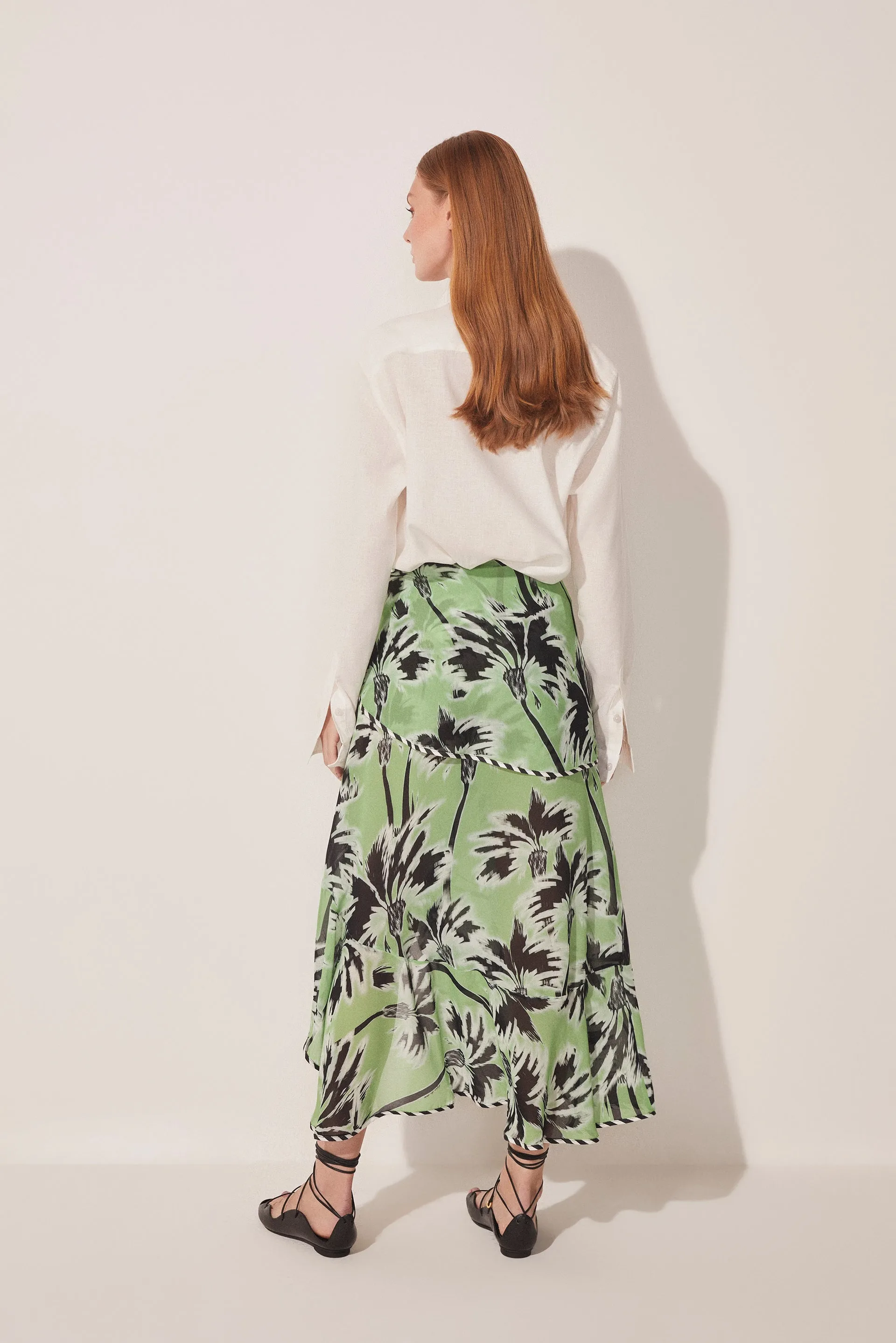 Ikat Coconut Trees Ruffled Midi Skirt E4667A1636