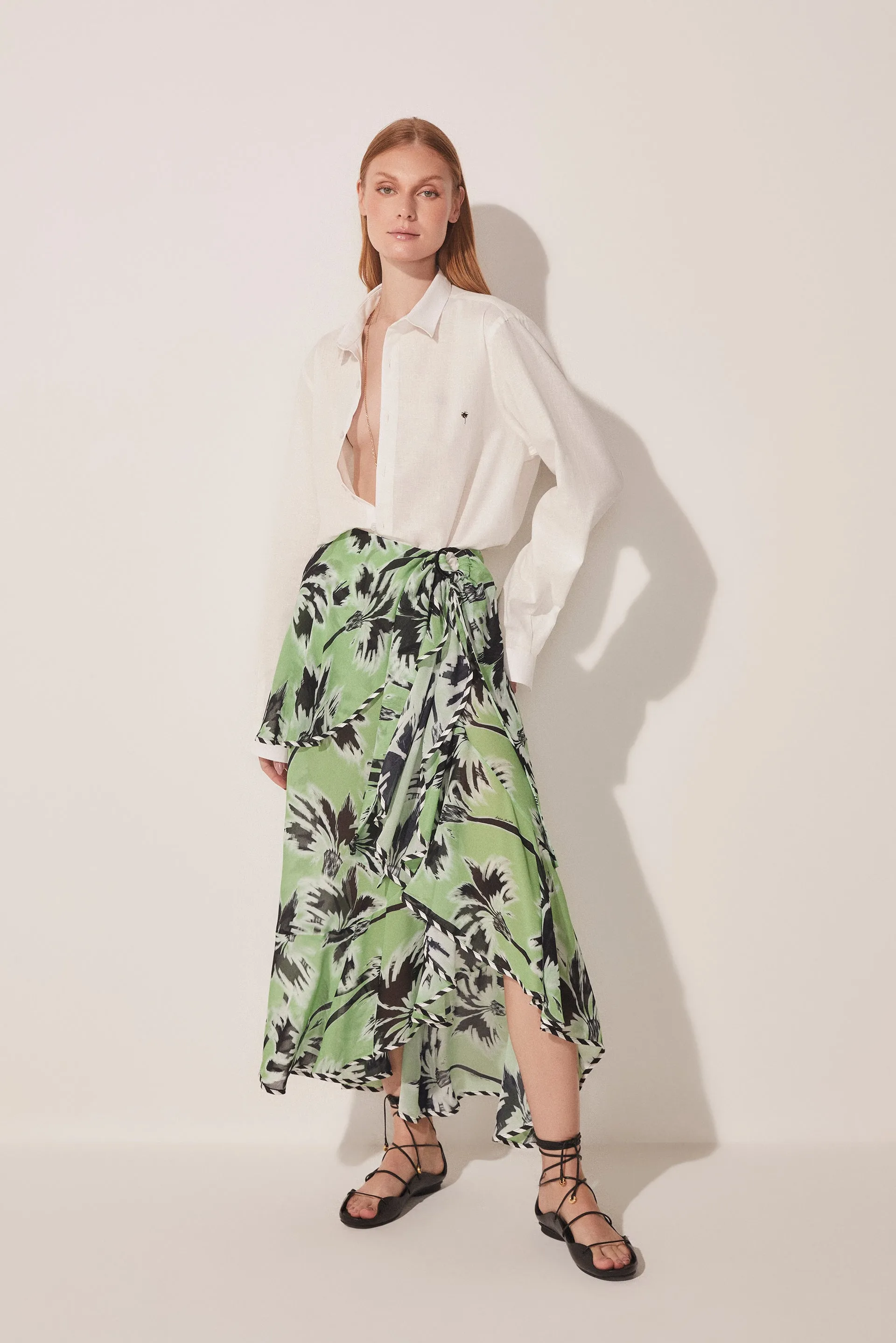 Ikat Coconut Trees Ruffled Midi Skirt E4667A1636