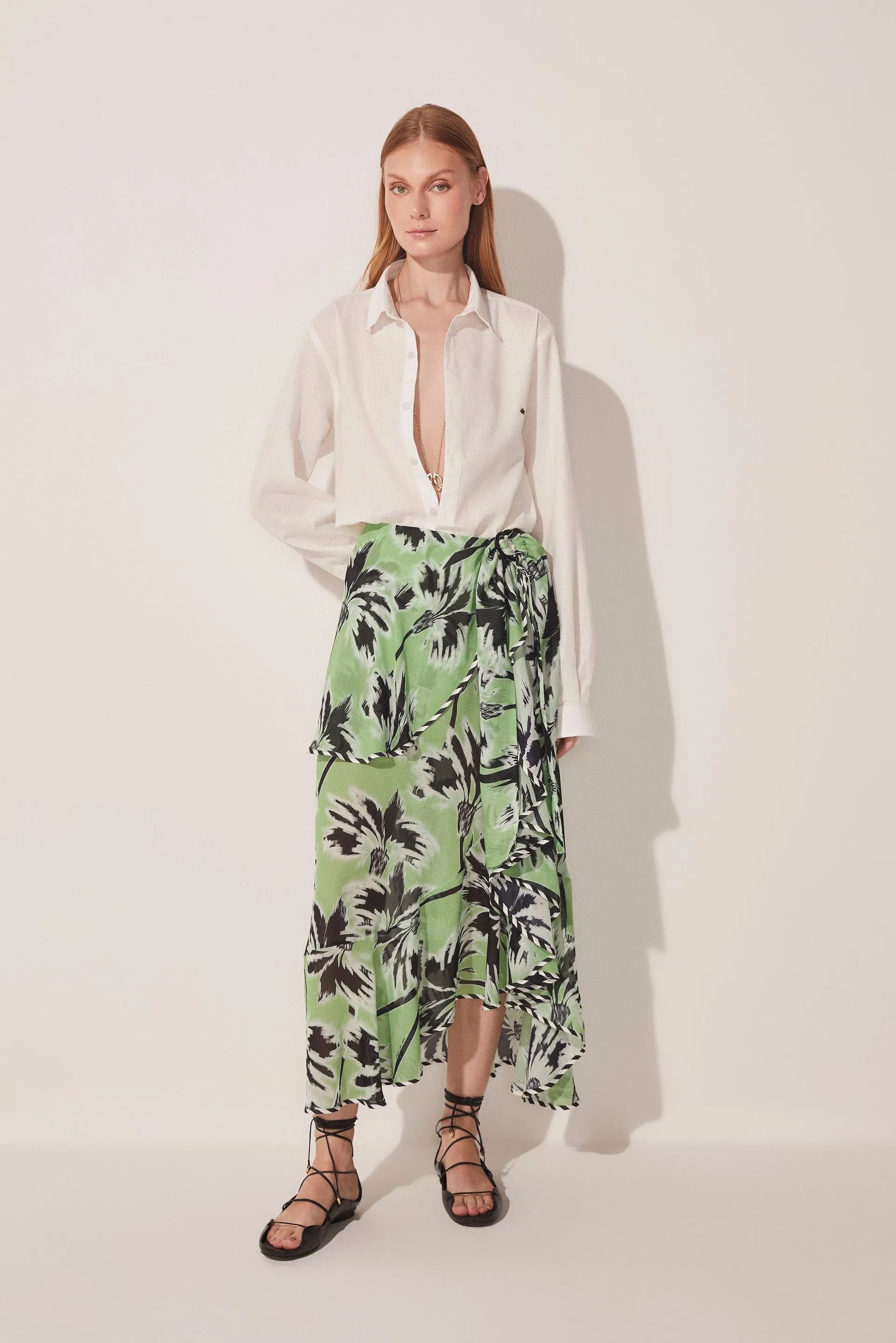 Ikat Coconut Trees Ruffled Midi Skirt E4667A1636