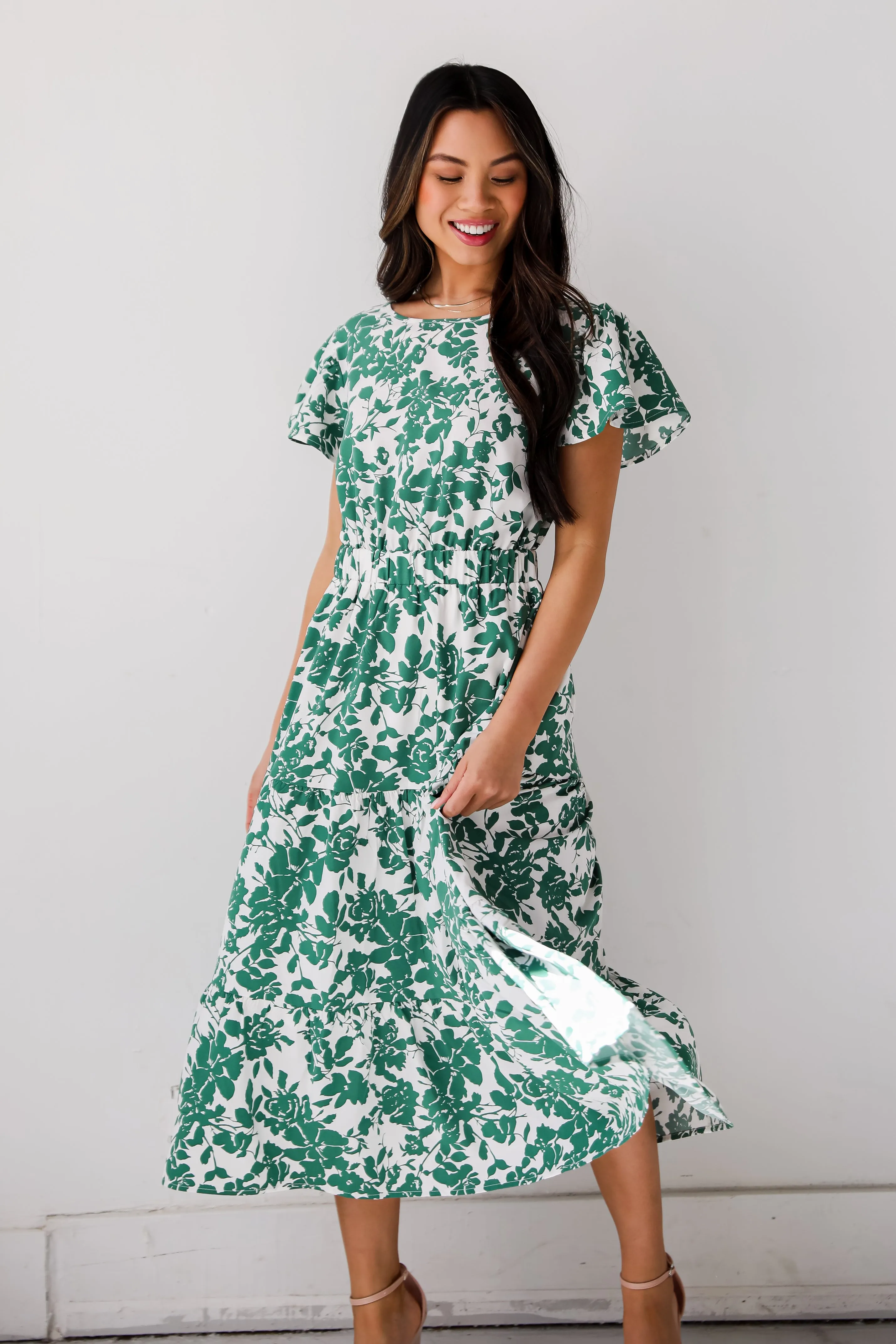 Island Sunsets Green Floral Midi Dress