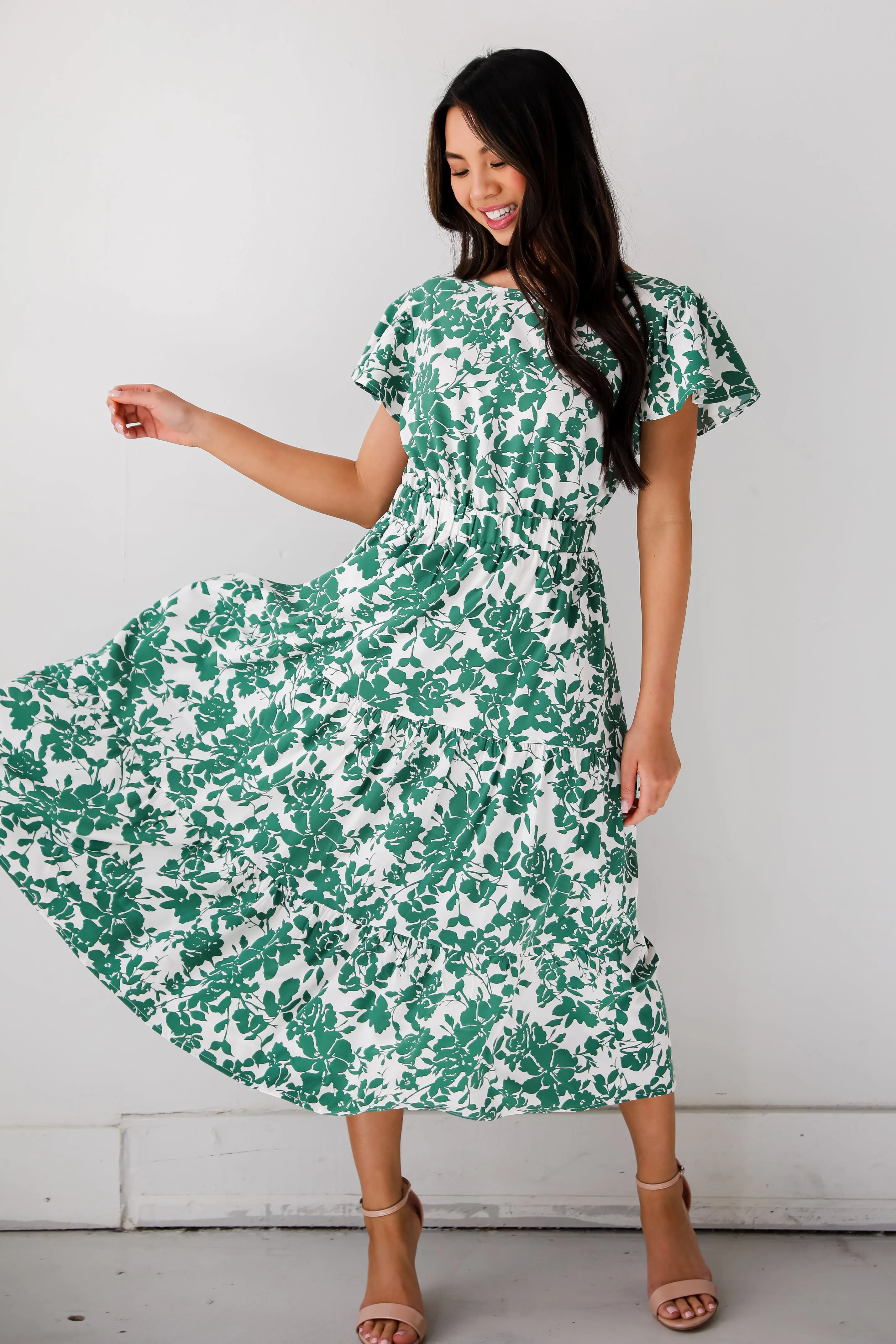 Island Sunsets Green Floral Midi Dress