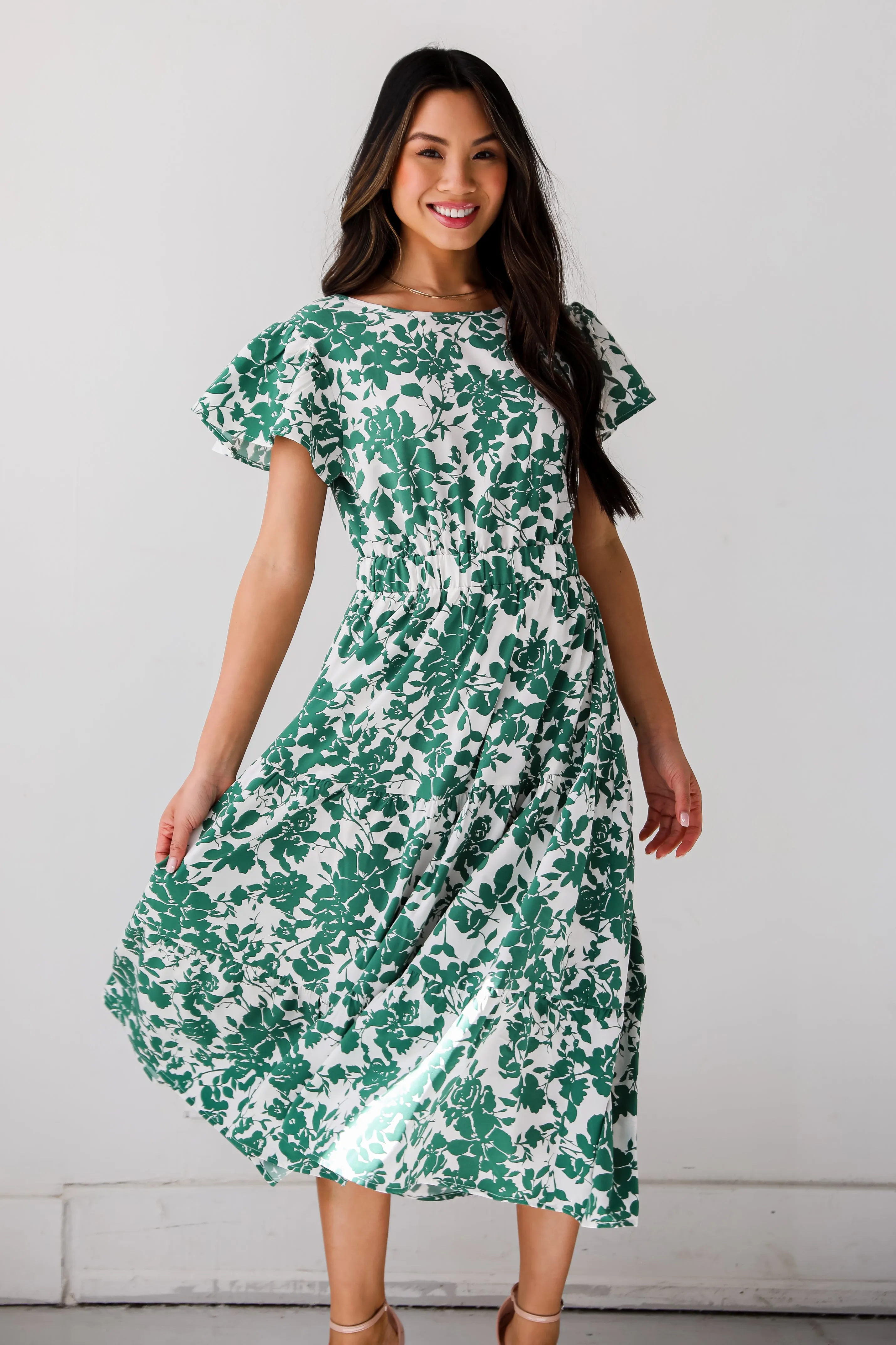 Island Sunsets Green Floral Midi Dress