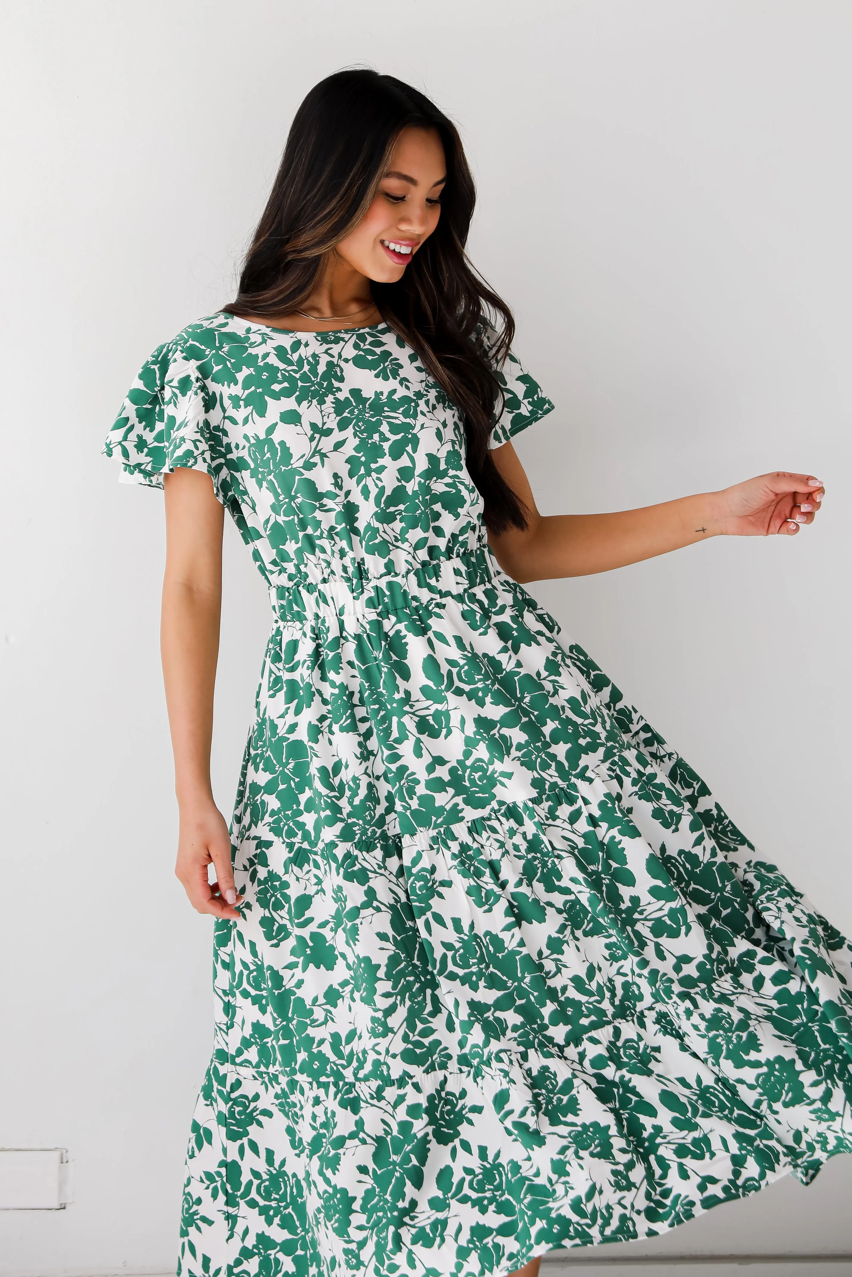 Island Sunsets Green Floral Midi Dress