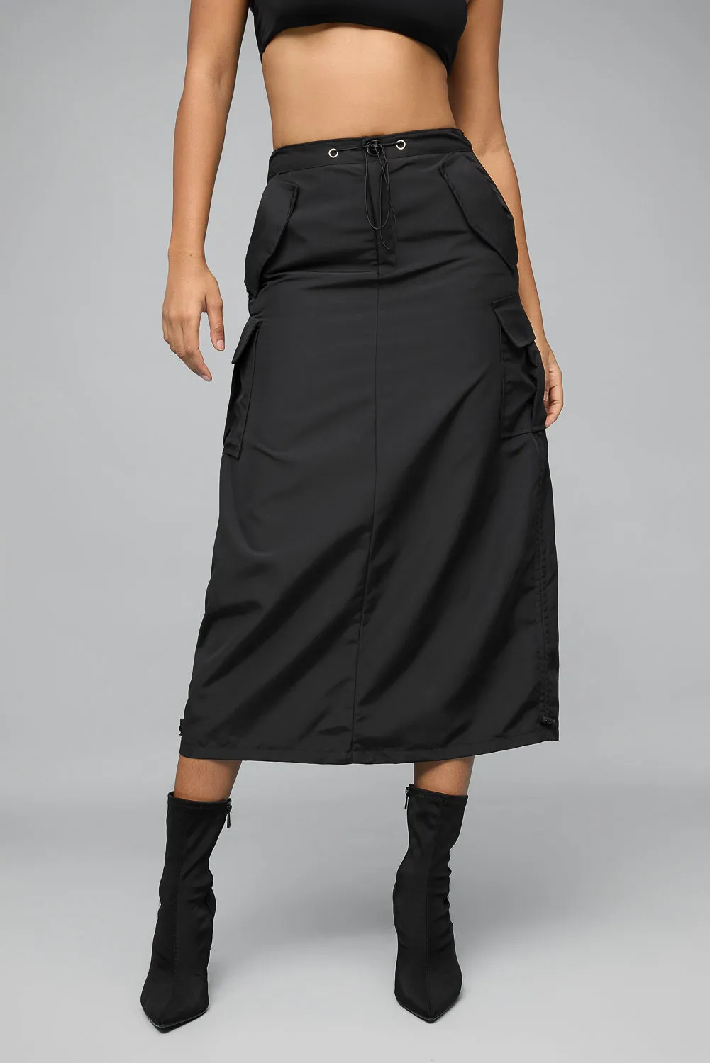 Jet Black Parachute Cargo Midi Skirt