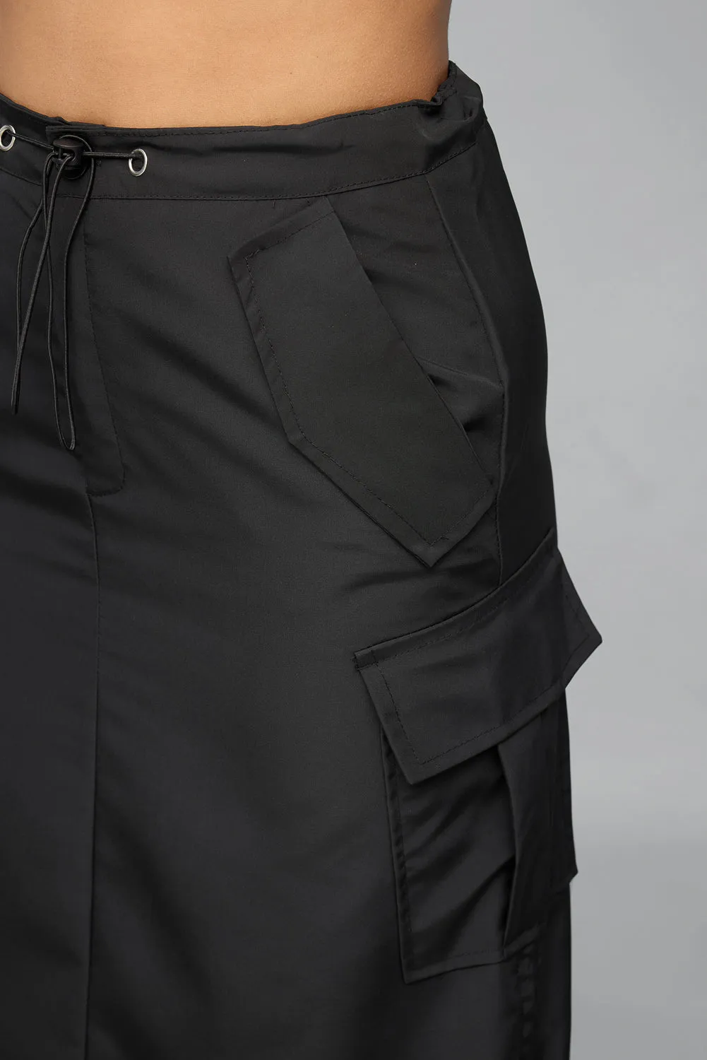 Jet Black Parachute Cargo Midi Skirt