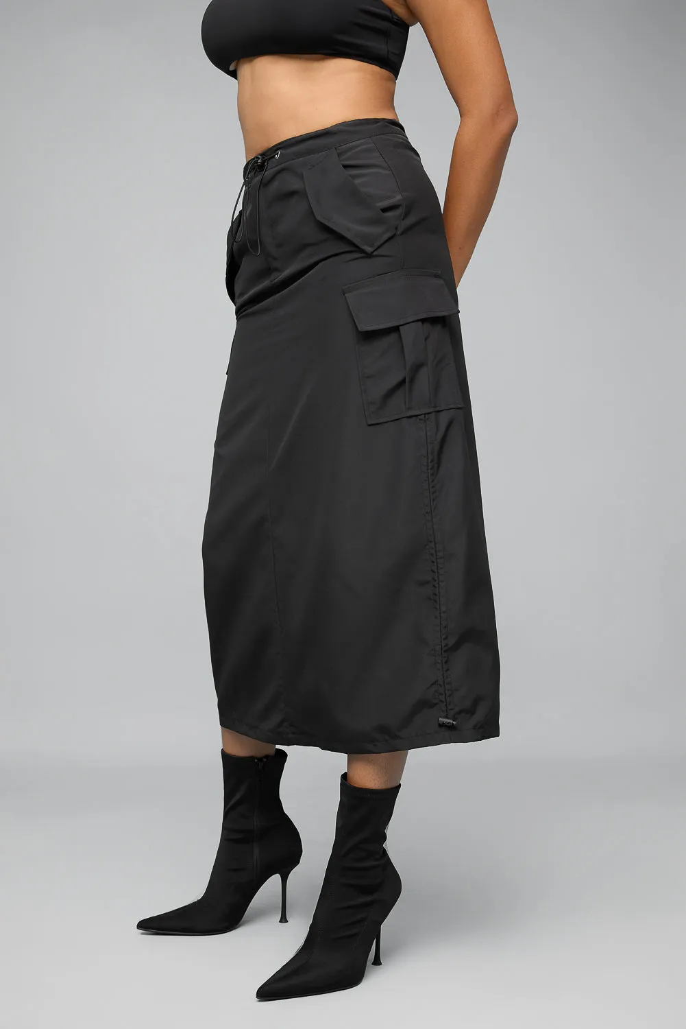 Jet Black Parachute Cargo Midi Skirt