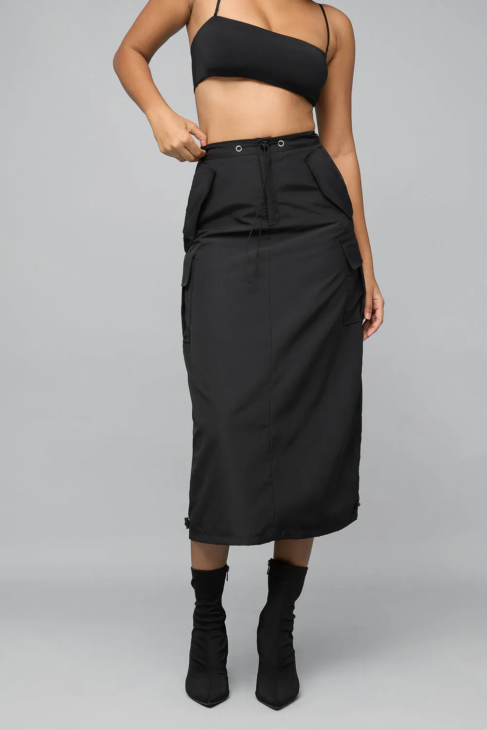 Jet Black Parachute Cargo Midi Skirt