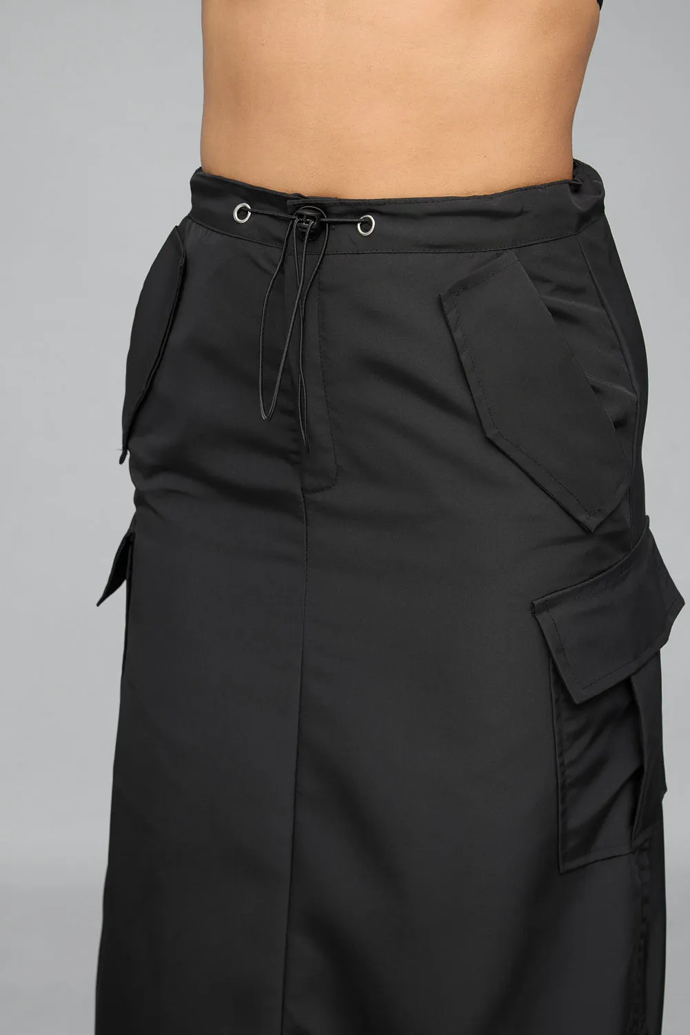 Jet Black Parachute Cargo Midi Skirt