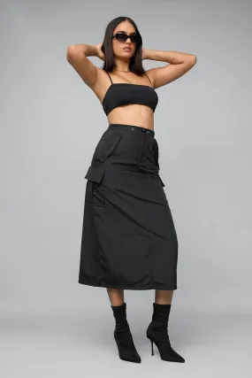 Jet Black Parachute Cargo Midi Skirt