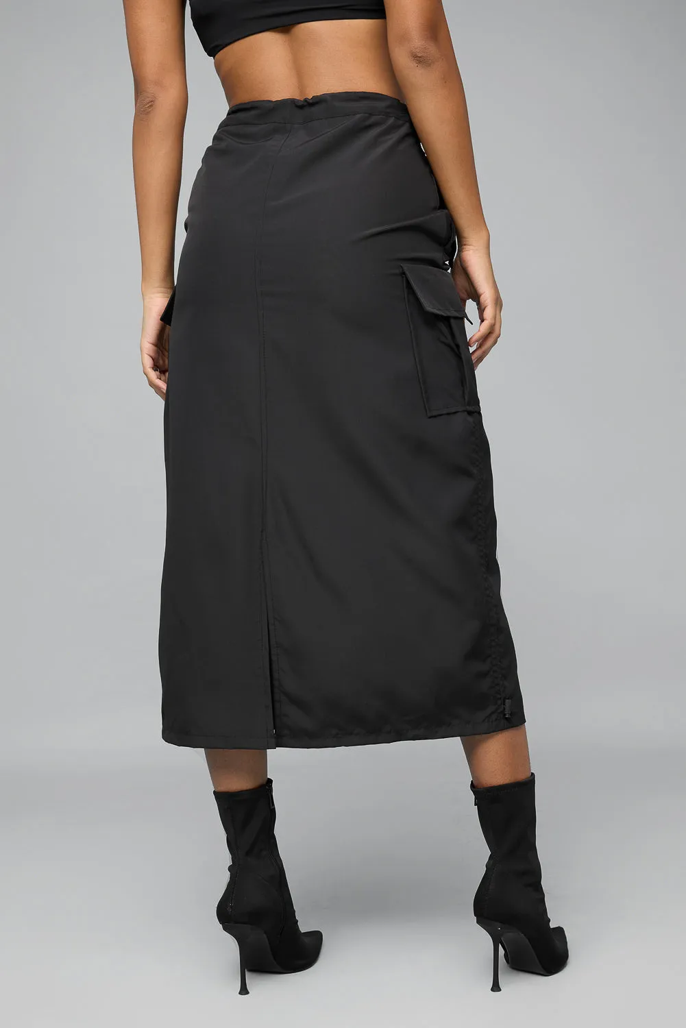 Jet Black Parachute Cargo Midi Skirt