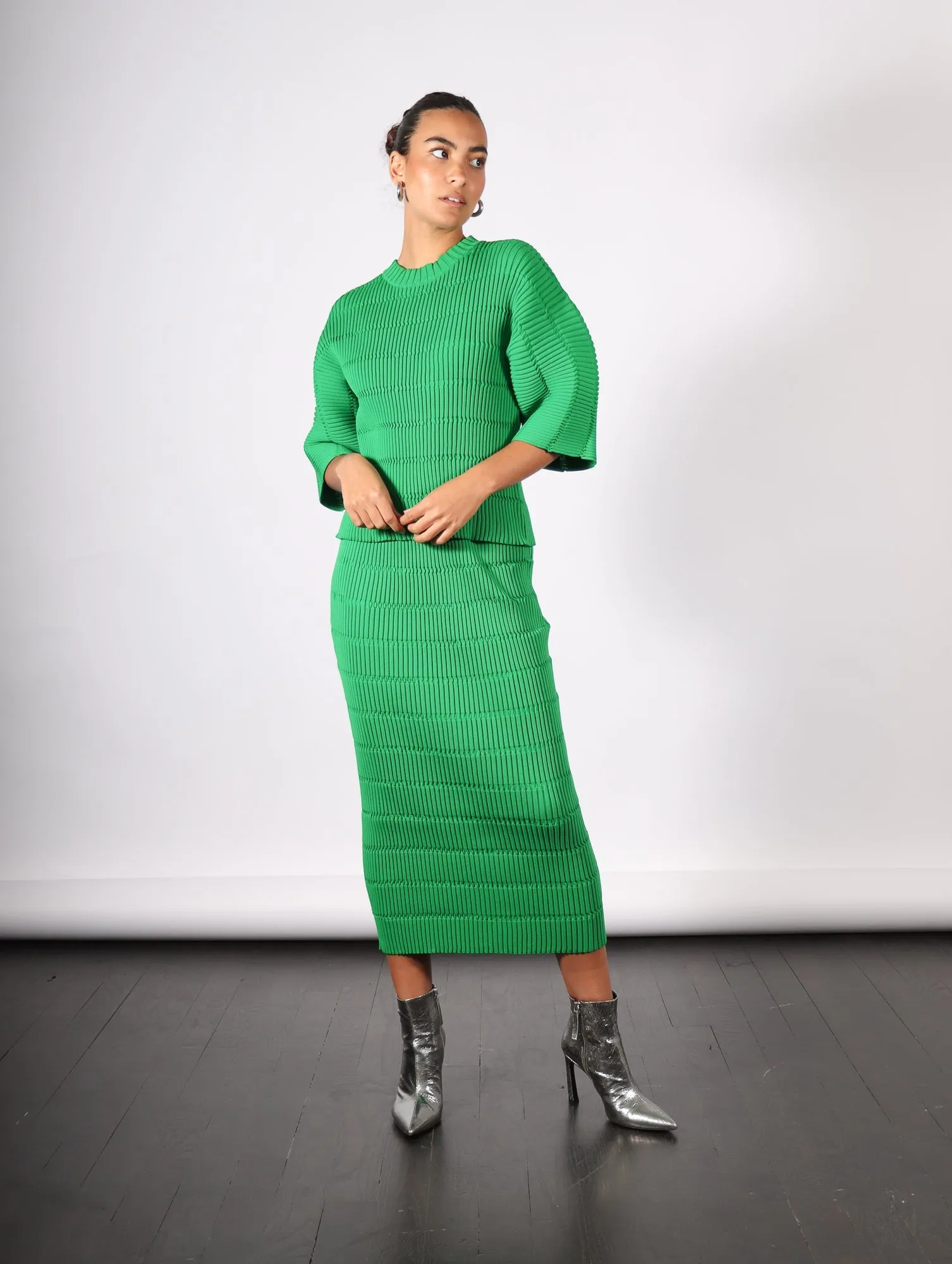 Jiggly Knit Skirt in Green by Pleats Please Issey Miyake