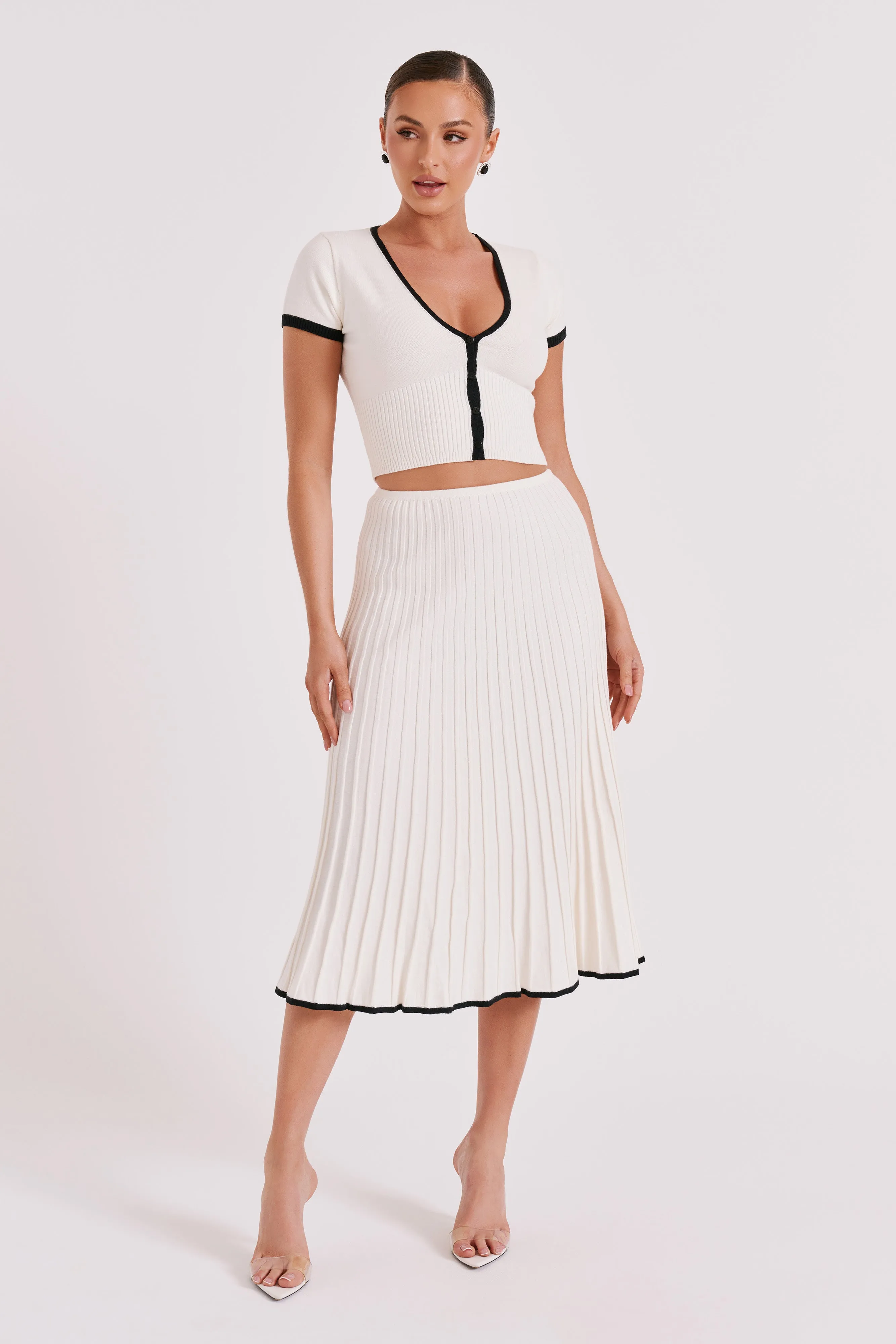 Jolene Contrast Rib Knit Midi Skirt - White