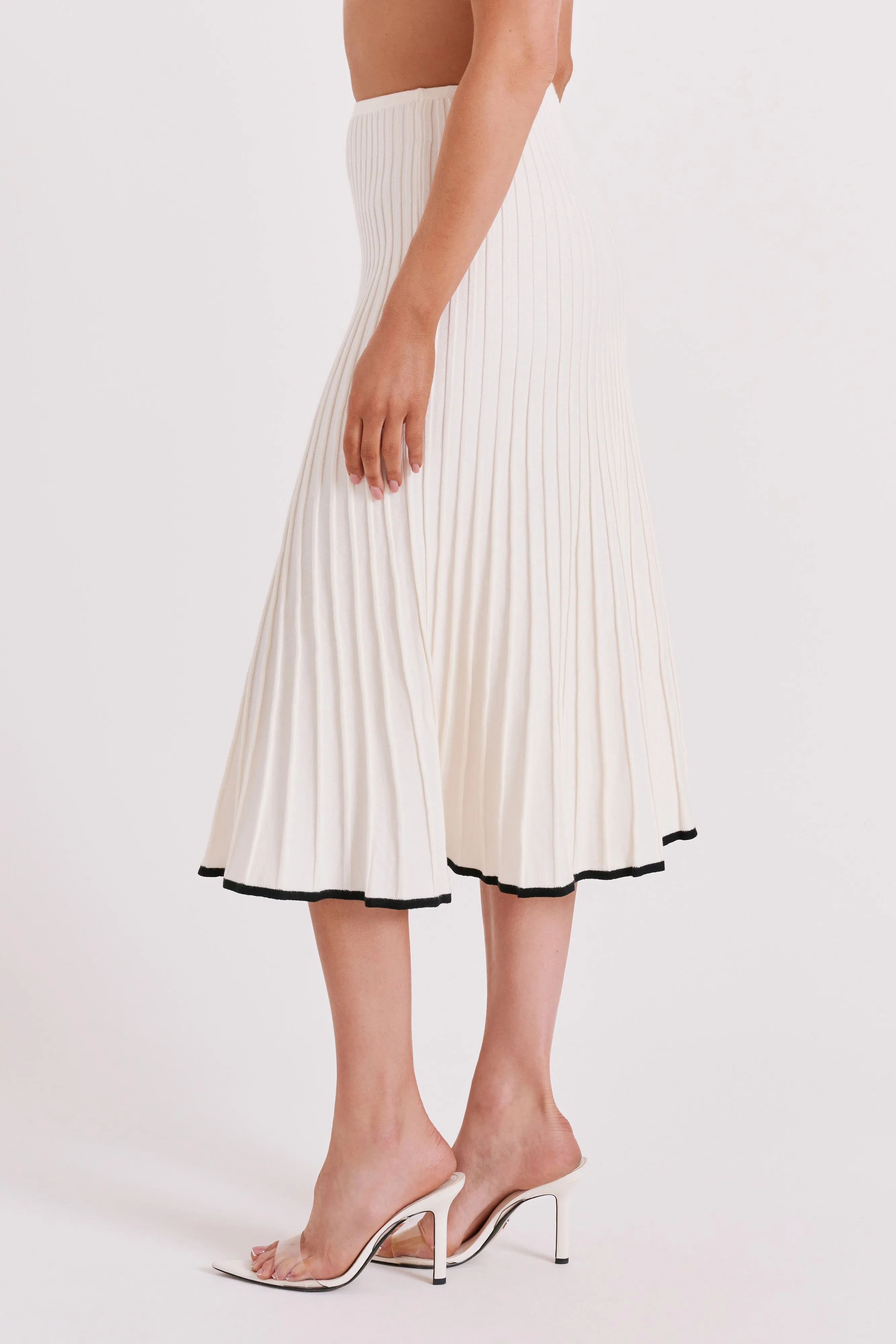 Jolene Contrast Rib Knit Midi Skirt - White