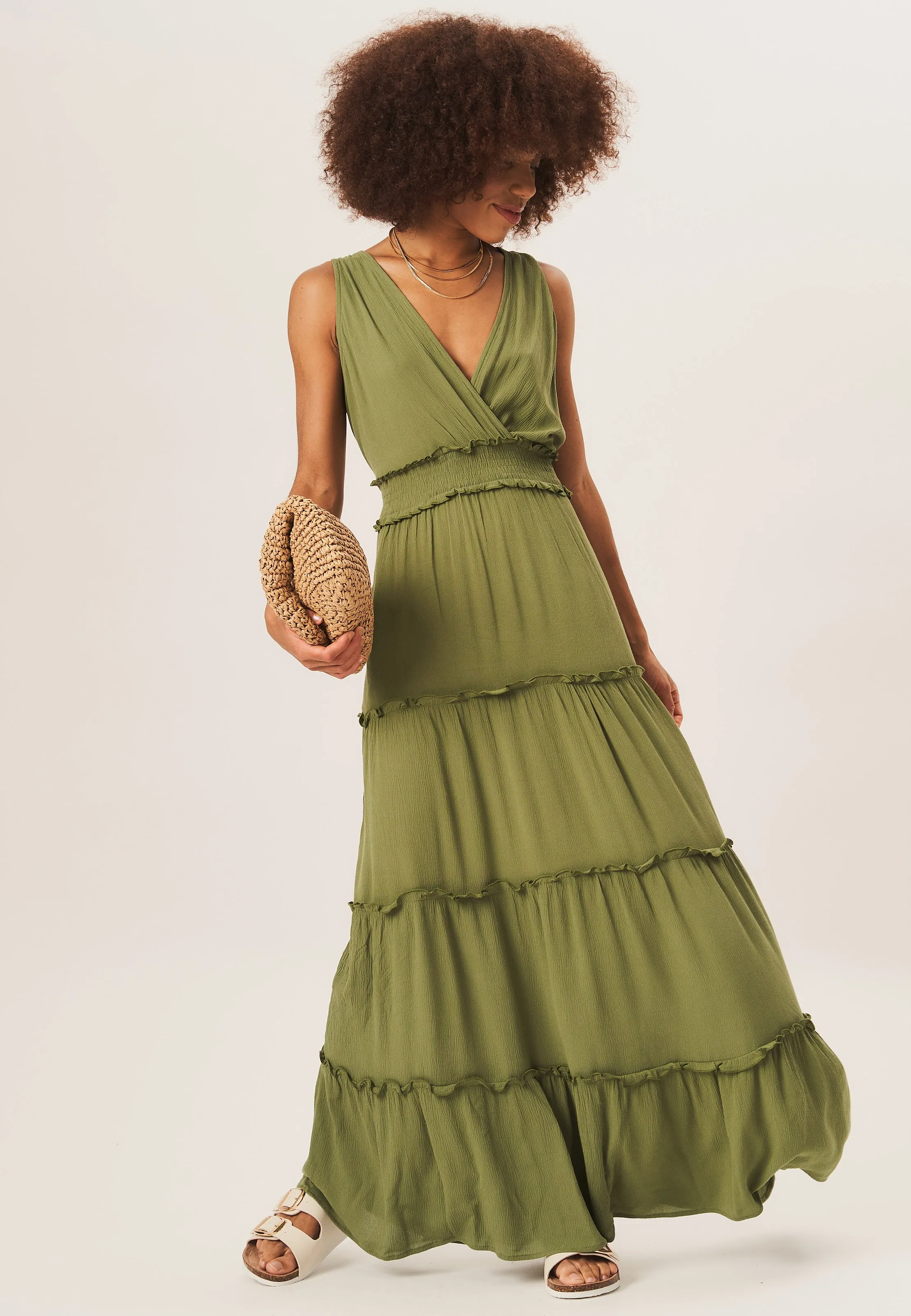 Khaki Shirred Waist Wrap Tiered Midi Dress