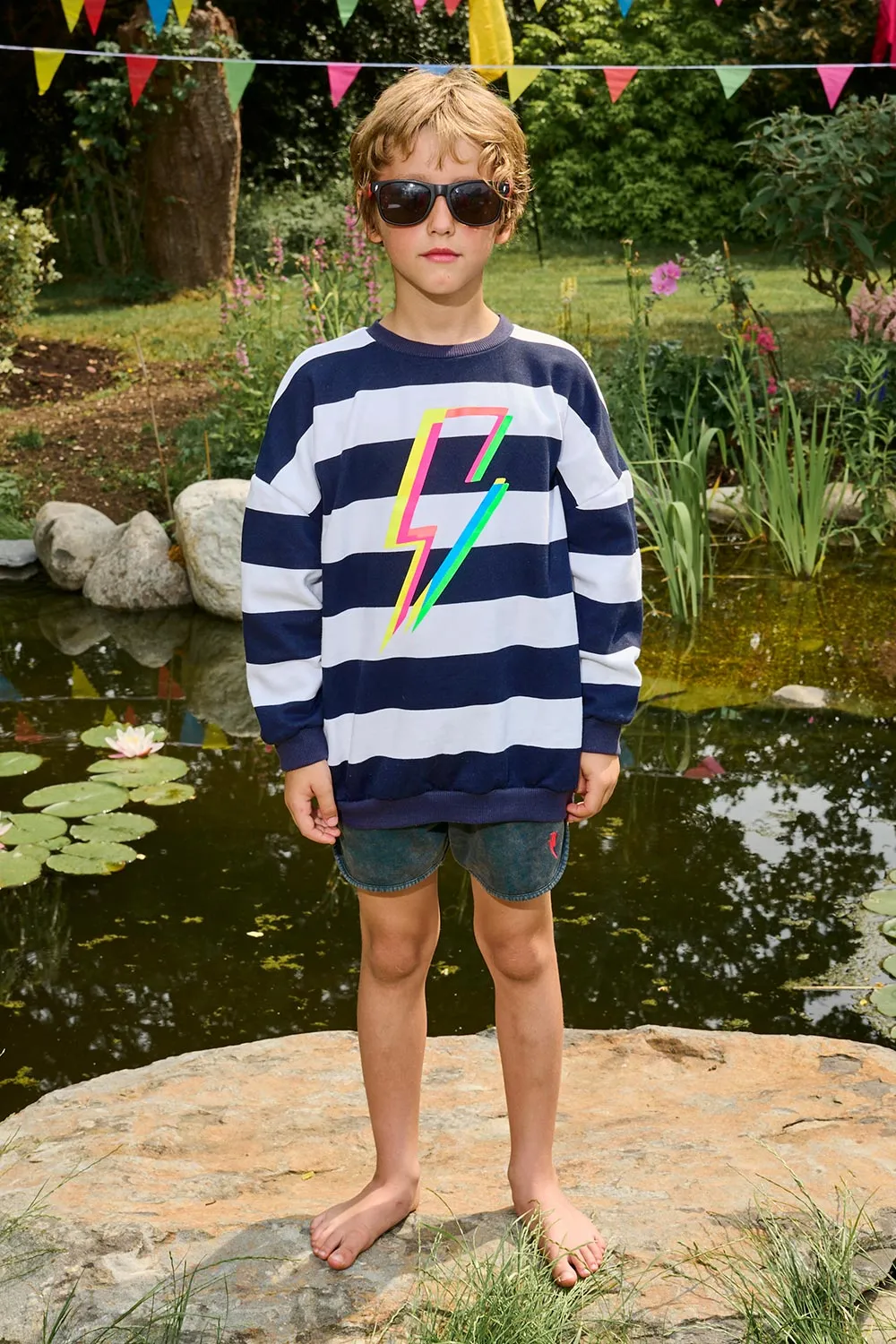 Kids Navy with White Stripe and Rainbow Bolt Oversized Sweatshirt