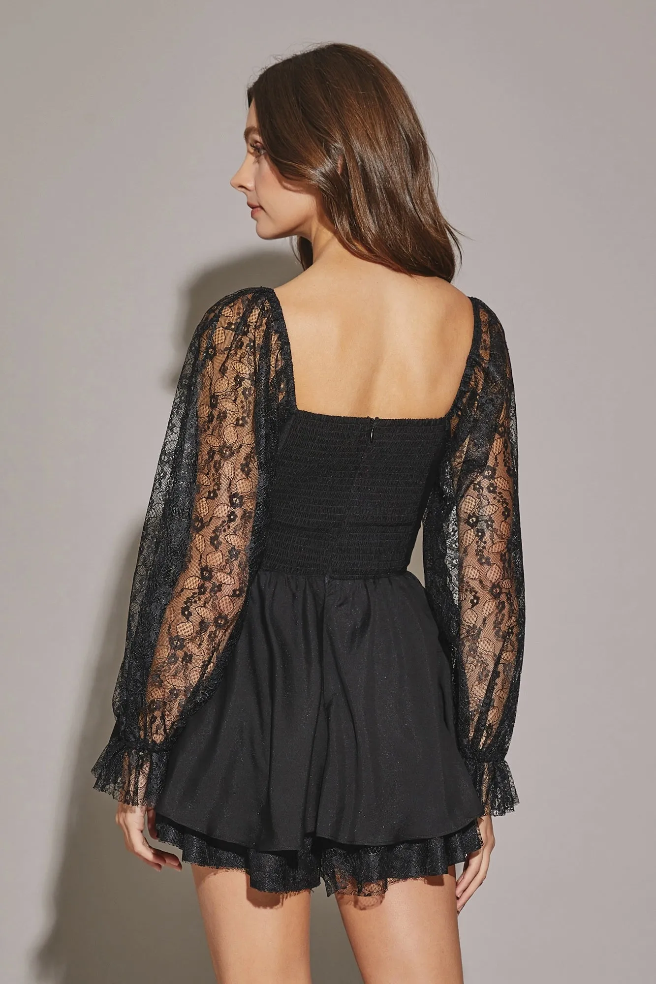 Lace Long Sleeve Flare Layered Silhouette Mini Dress