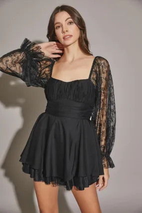 Lace Long Sleeve Flare Layered Silhouette Mini Dress