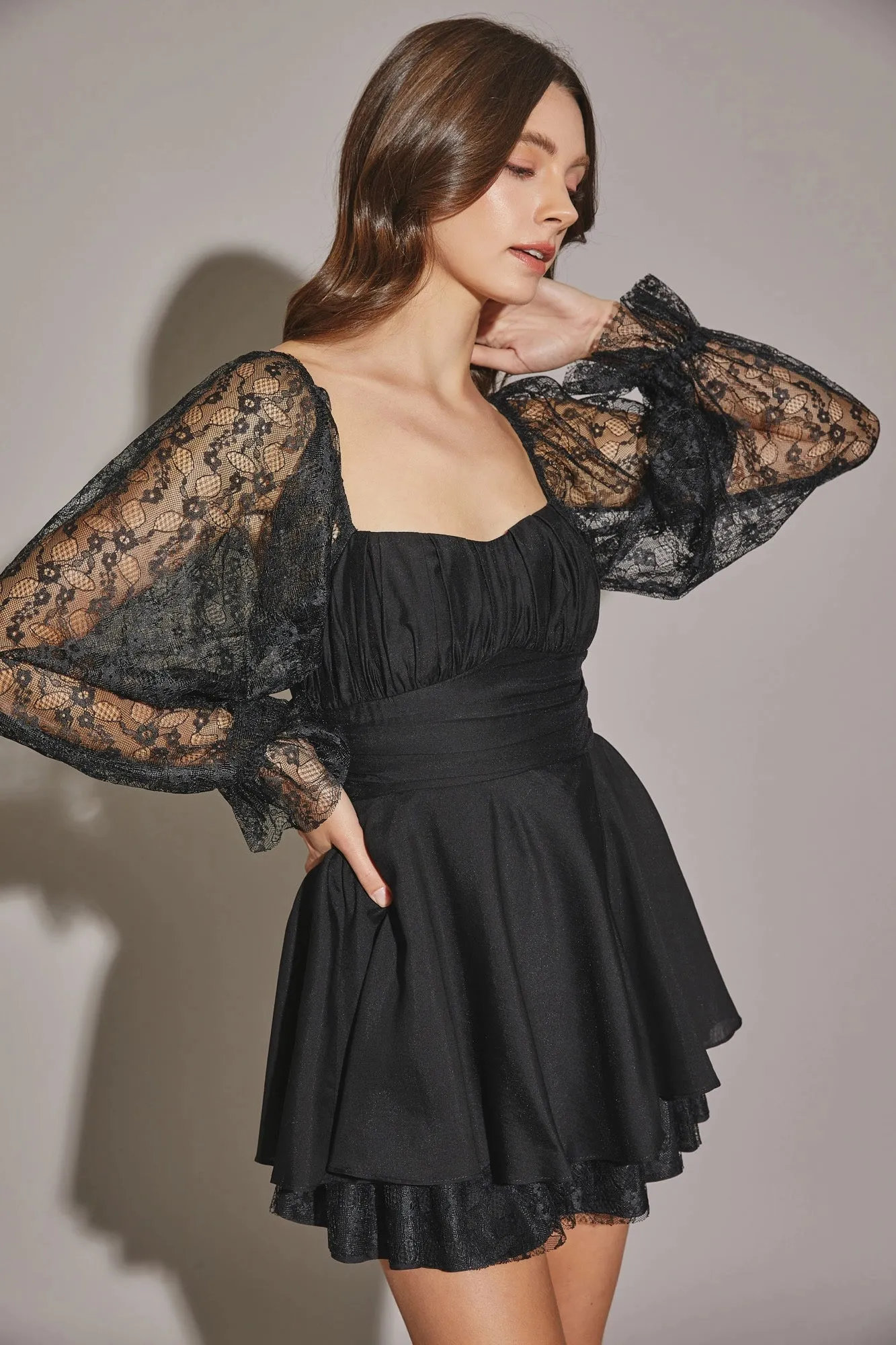 Lace Long Sleeve Flare Layered Silhouette Mini Dress