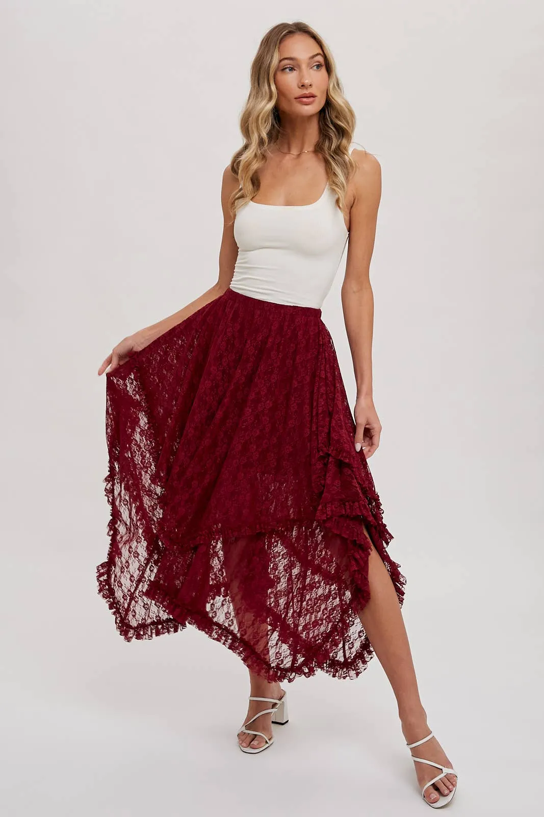 LACE TIER MIDI SKIRT: ECRU