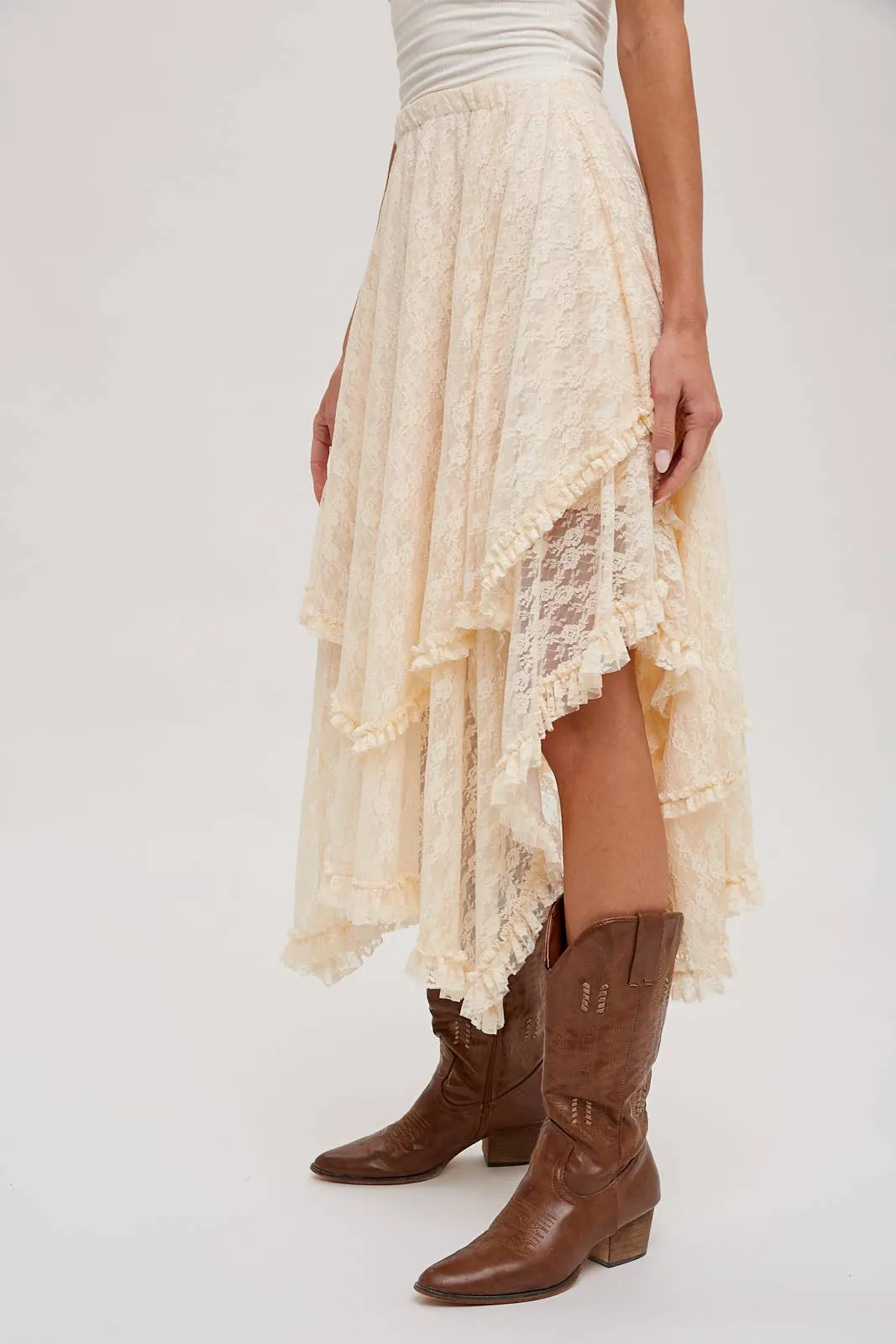 LACE TIER MIDI SKIRT: ECRU