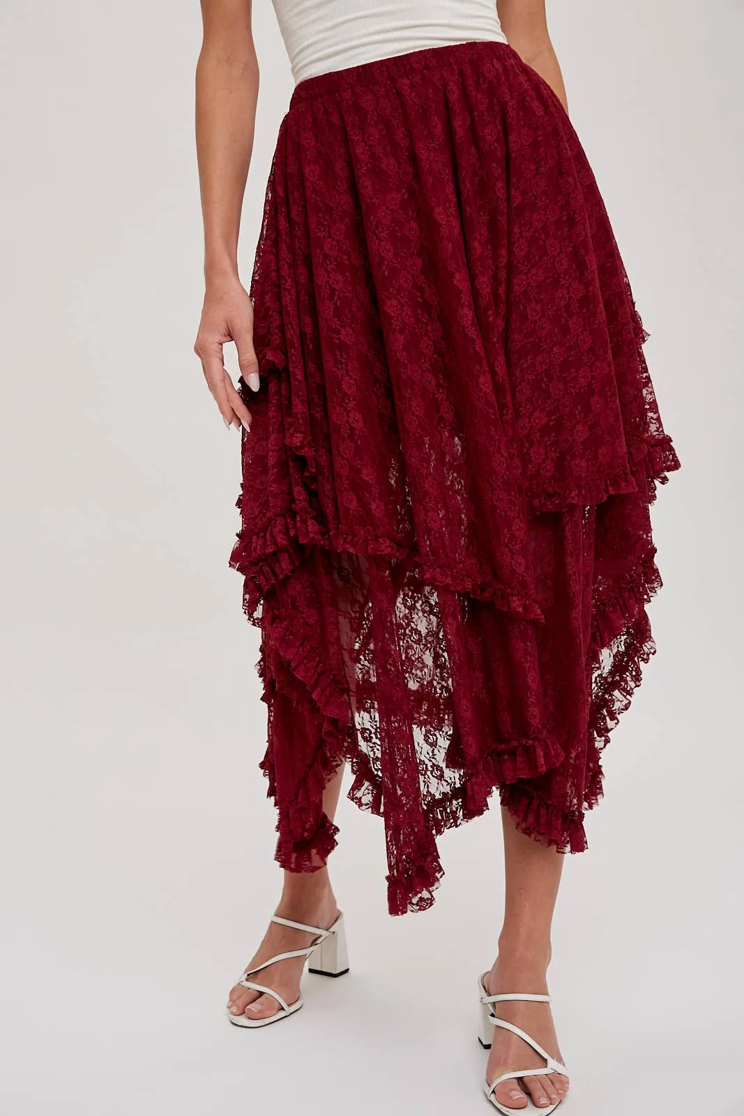 LACE TIER MIDI SKIRT: ECRU