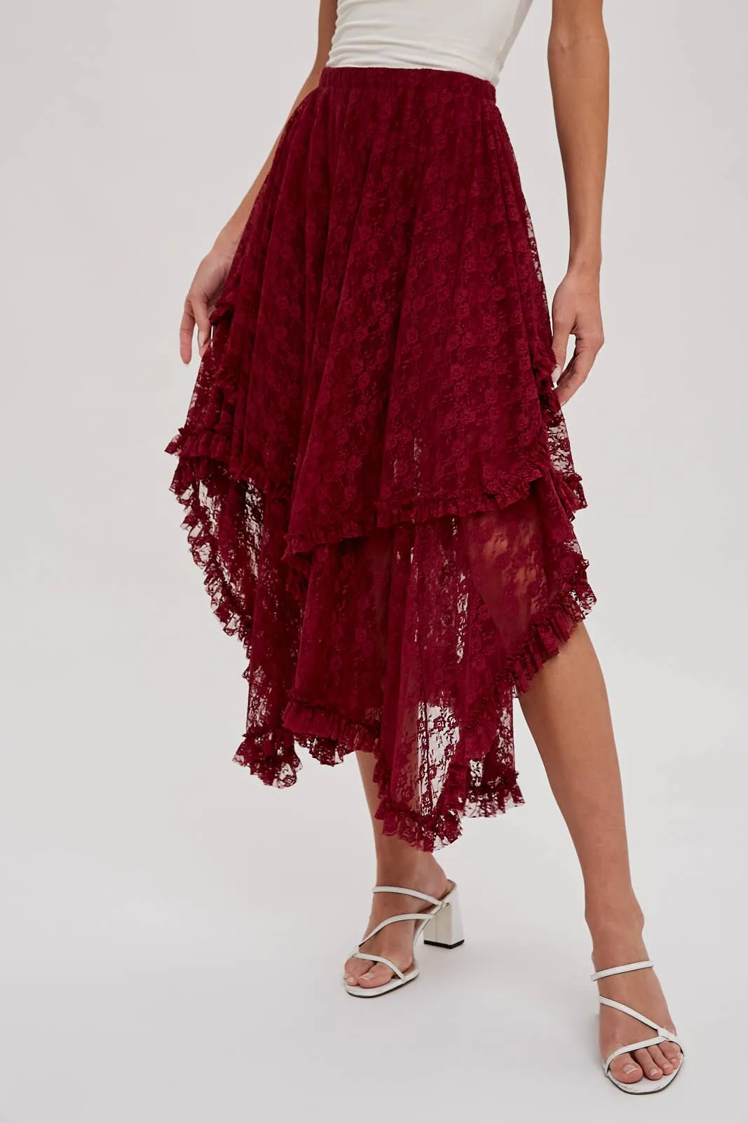 LACE TIER MIDI SKIRT: ECRU