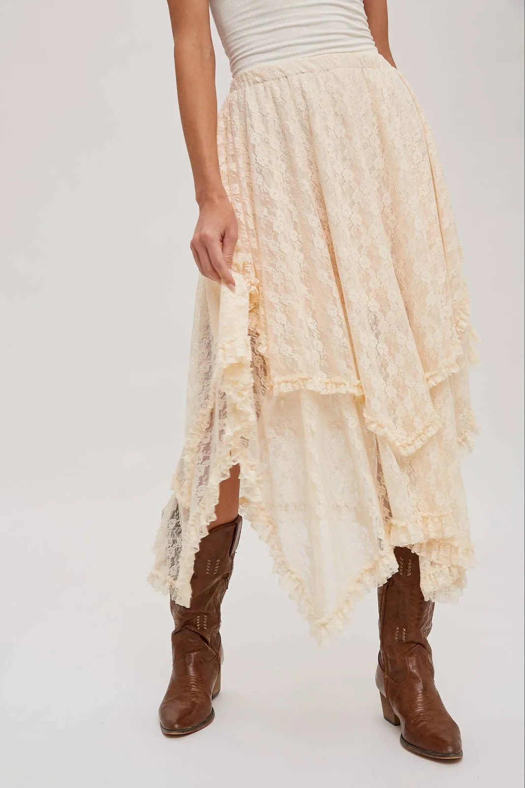 LACE TIER MIDI SKIRT: ECRU