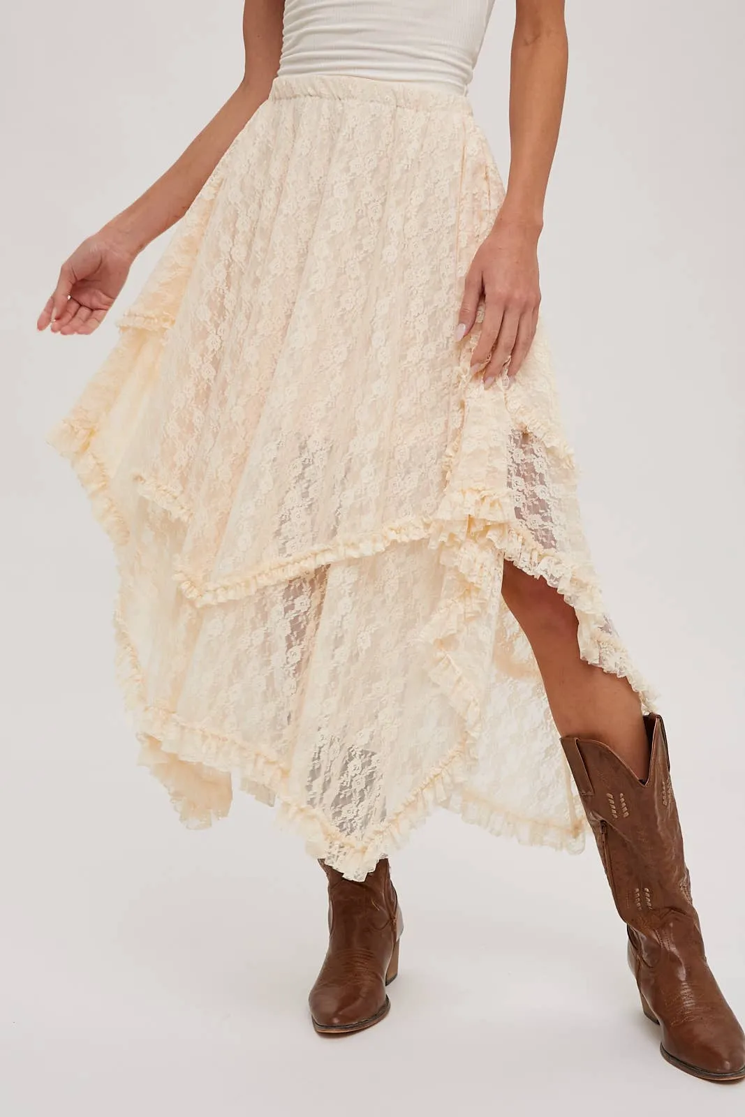 LACE TIER MIDI SKIRT: ECRU