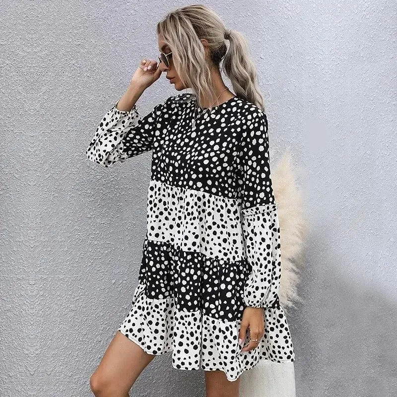 LADIES LONG SLEEVE BLACK WHITE PATCHWORK CASUAL MIDI POLKA DOT DRESS