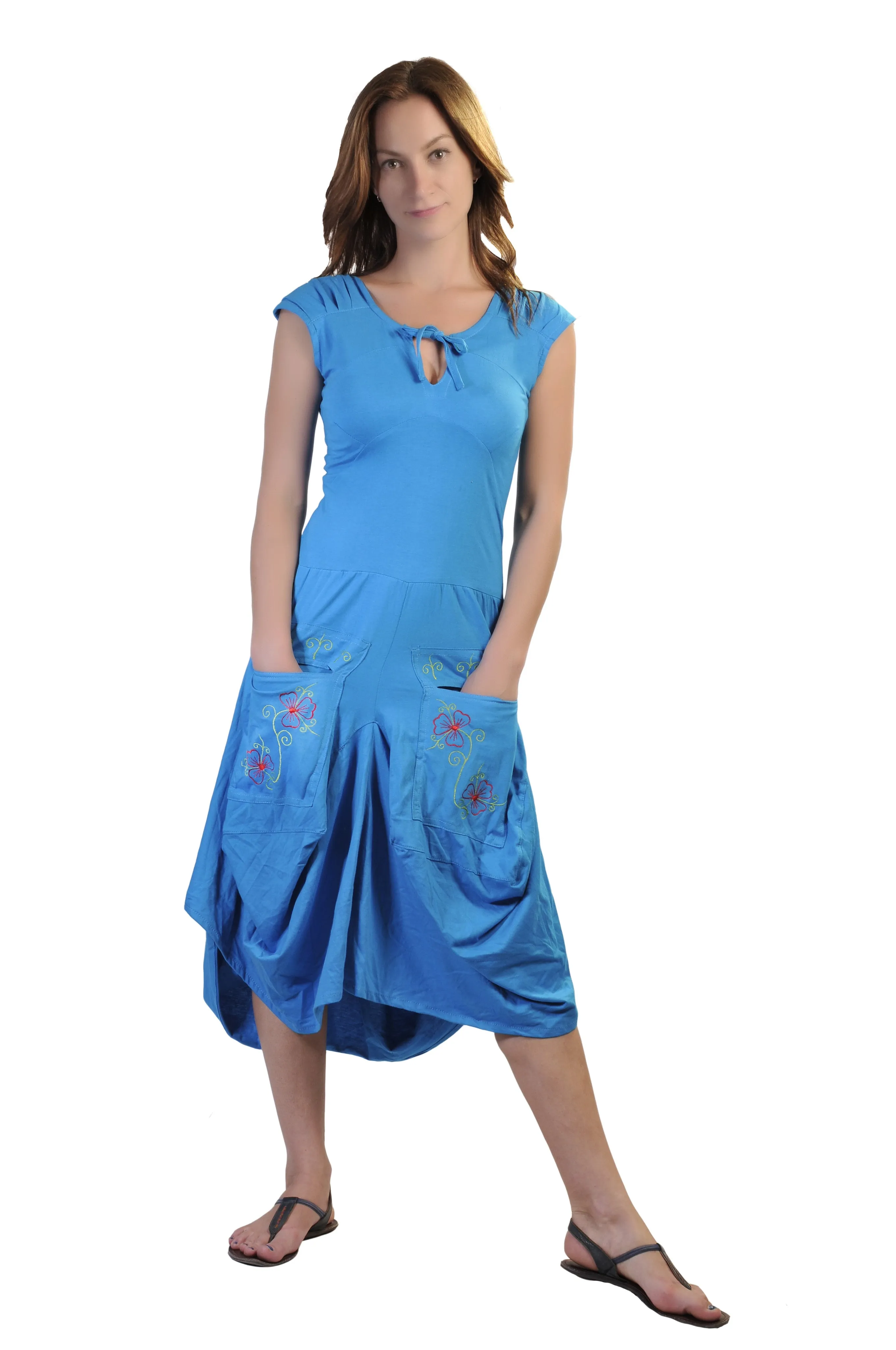 ladies-short-sleeved-calf-length-dress-with-flower-embroidery-printed-on-pockets