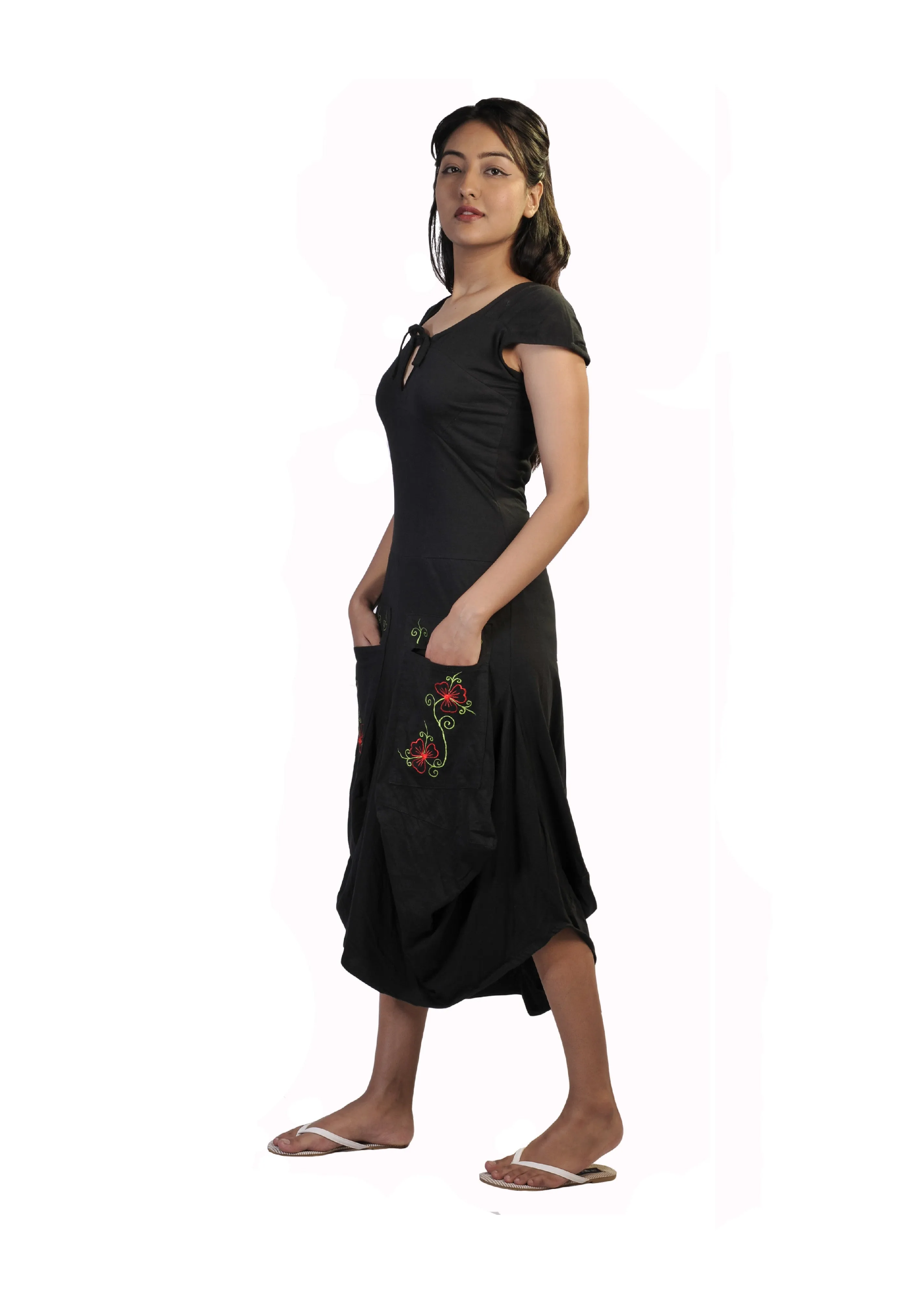 ladies-short-sleeved-calf-length-dress-with-flower-embroidery-printed-on-pockets