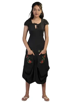 ladies-short-sleeved-calf-length-dress-with-flower-embroidery-printed-on-pockets