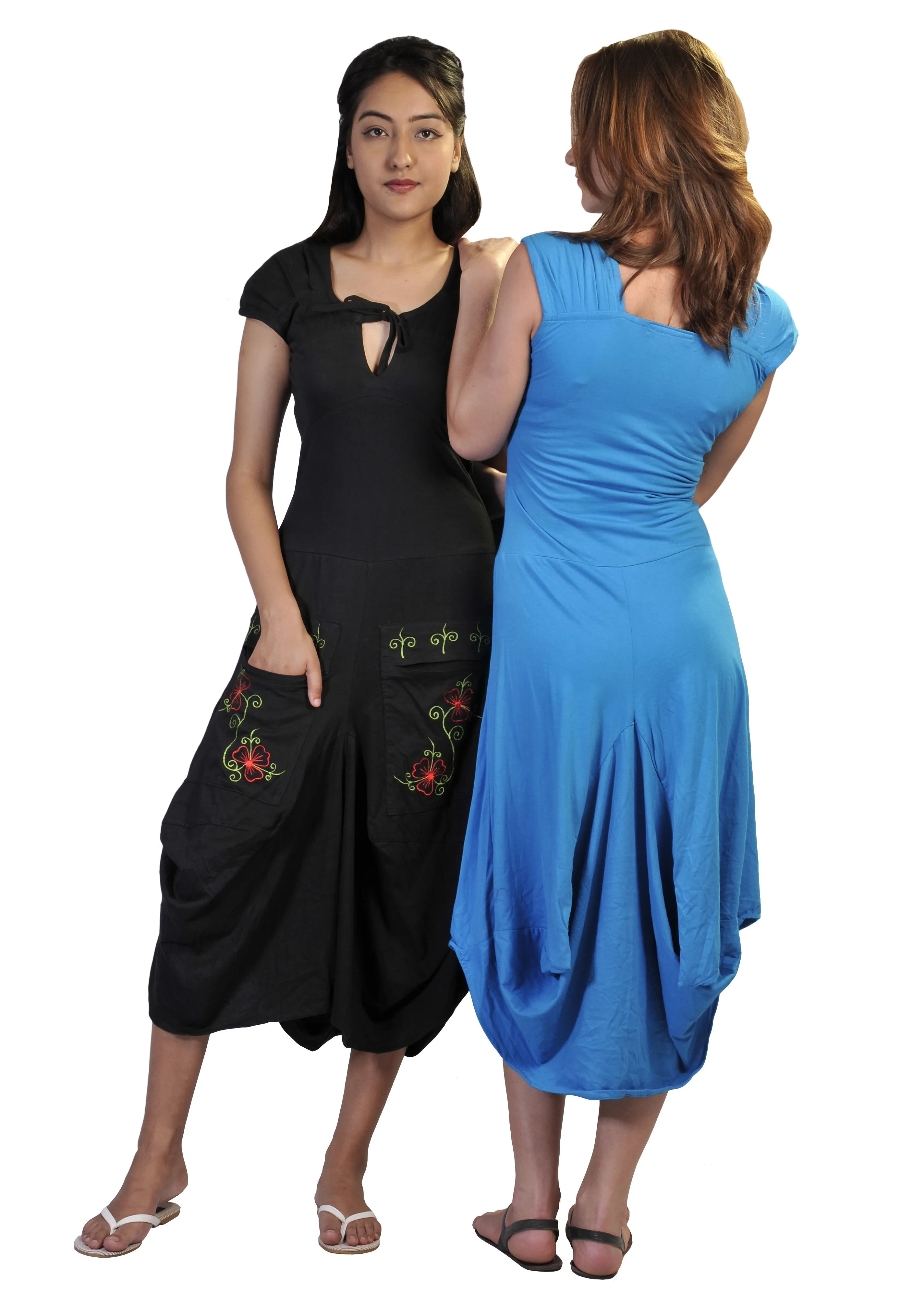 ladies-short-sleeved-calf-length-dress-with-flower-embroidery-printed-on-pockets