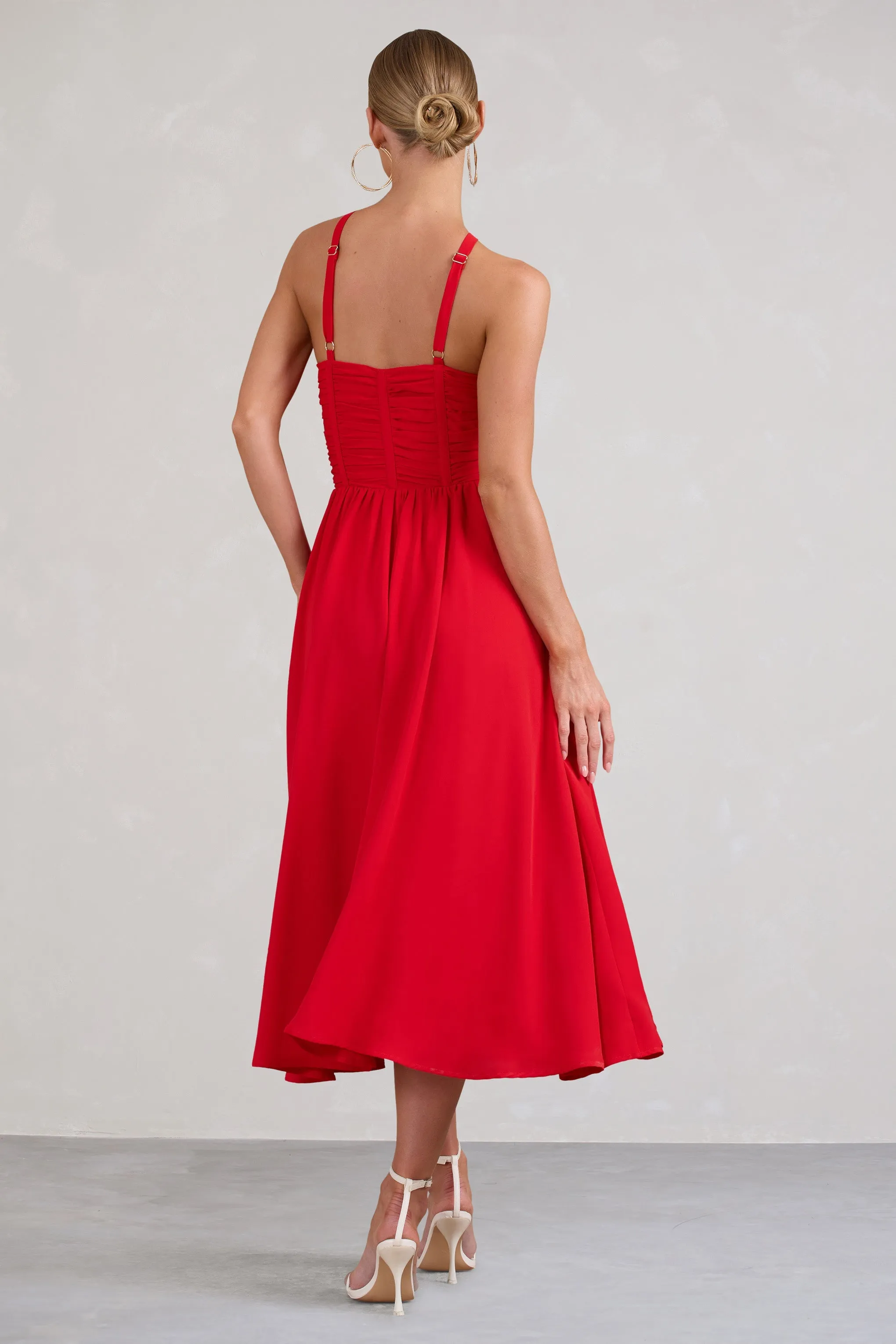 Lady Loren | Red Ruched Cross-Strap Split Midi Dress