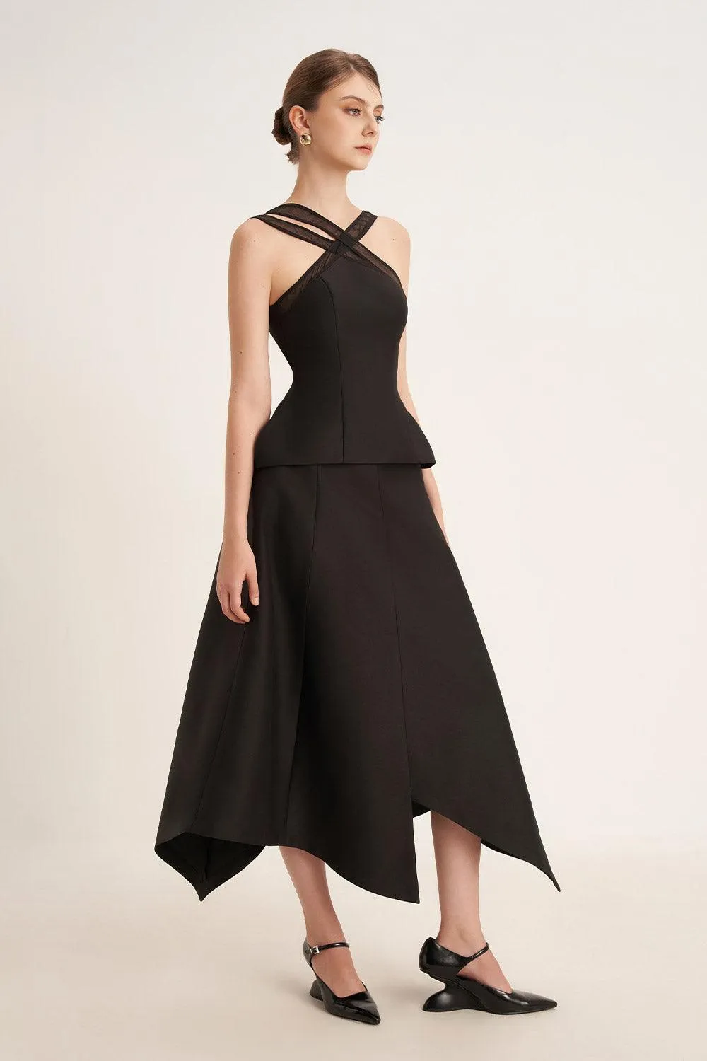 Lanna A-line Asymmetric Taffeta Midi Skirt