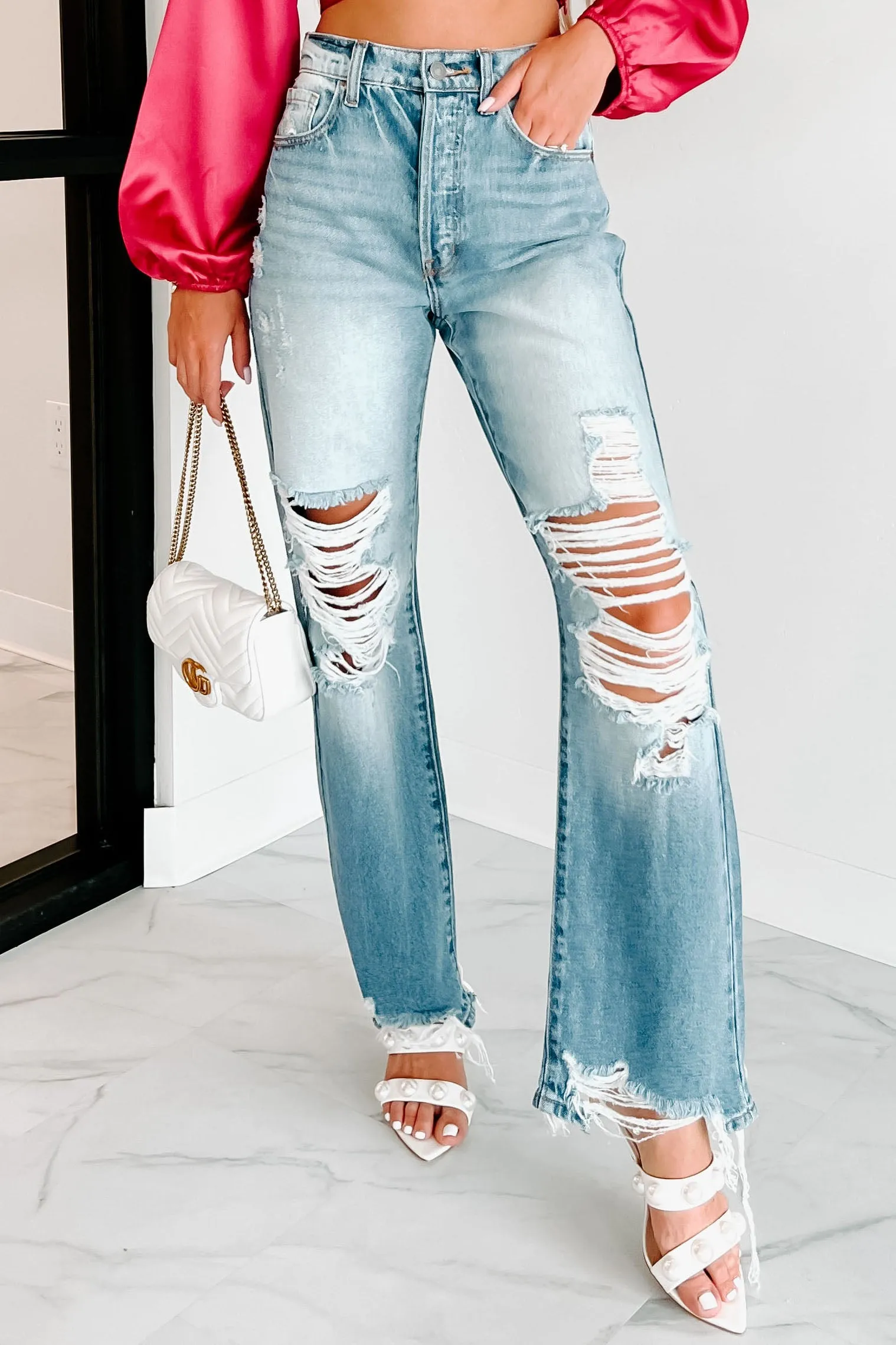 Lansing High Rise Cello Distressed Dad Jeans (Medium Denim)