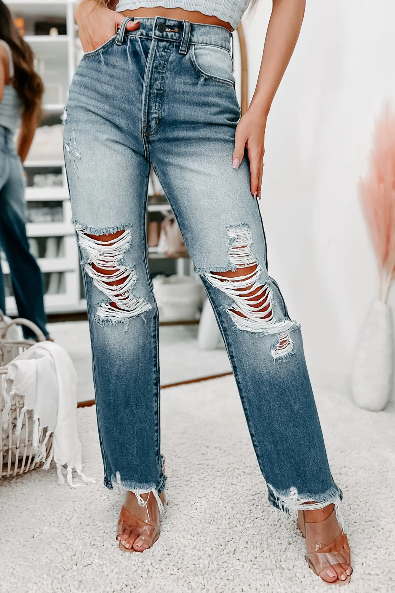 Lansing High Rise Cello Distressed Dad Jeans (Medium Denim)