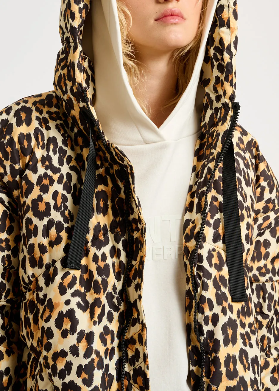 Leopard-print hooded puffer jacket