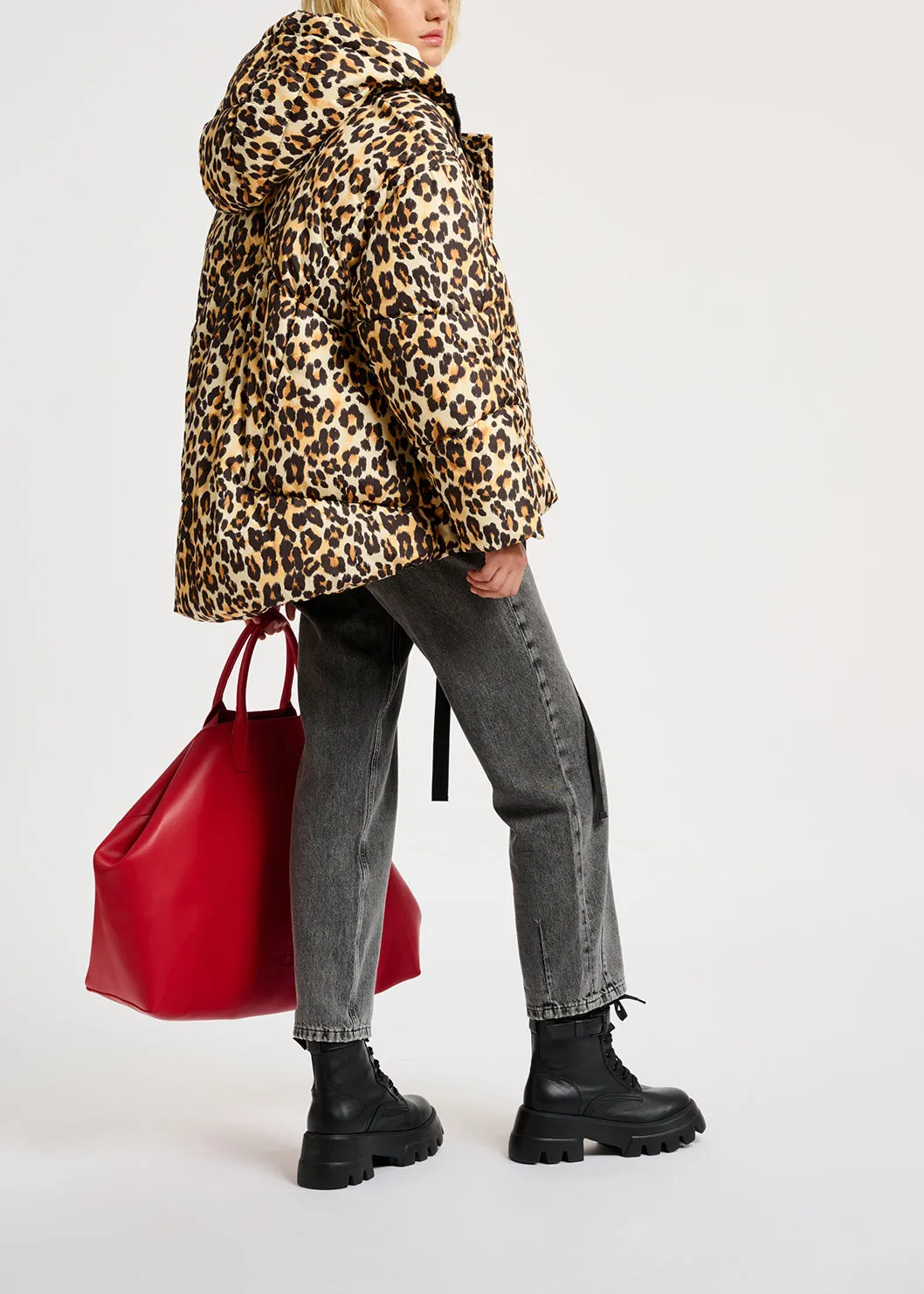 Leopard-print hooded puffer jacket